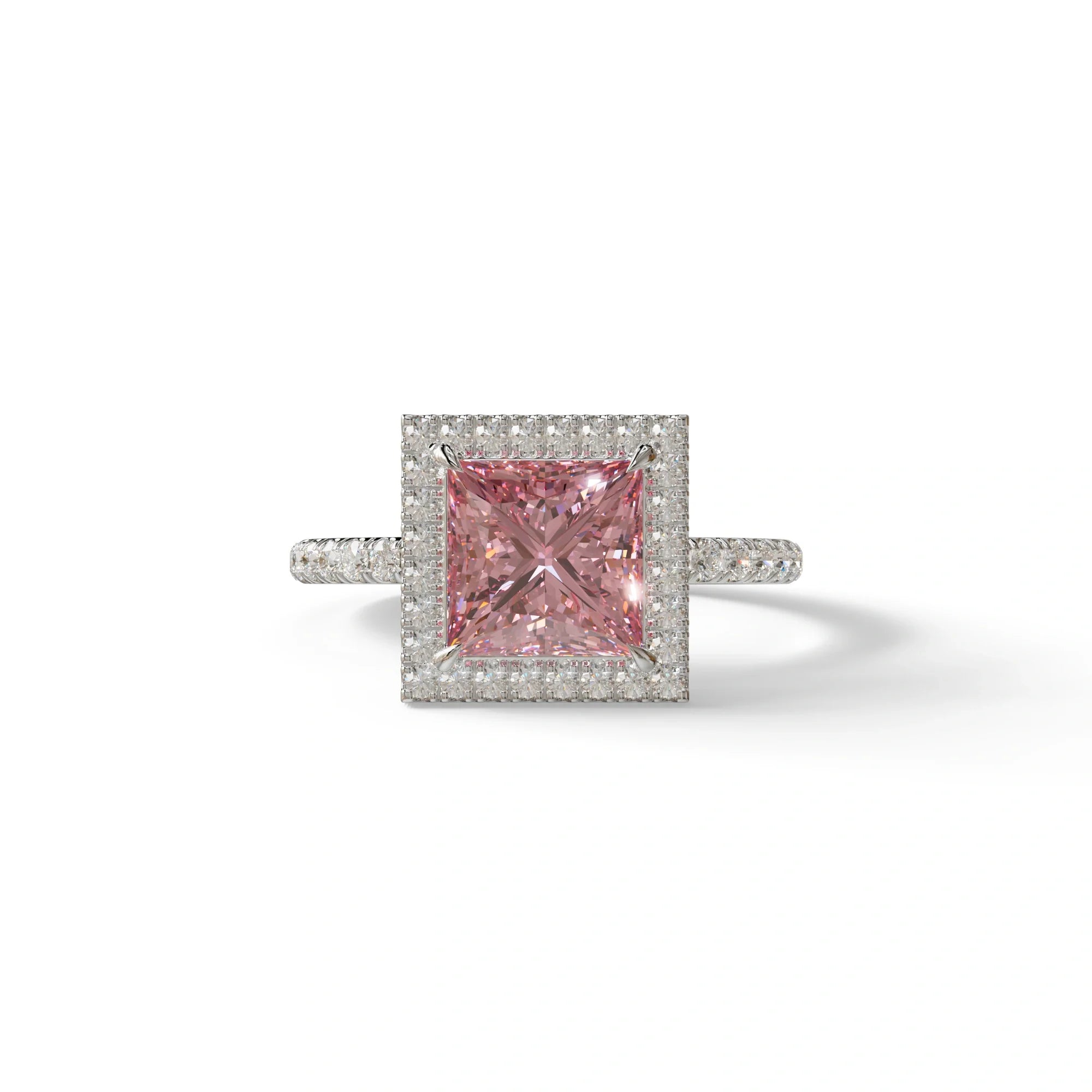 2 Carat Pink Princess Cut Halo & Pave Lab Diamond Ring - Diamond Prime - 10K Solid Gold / White Gold