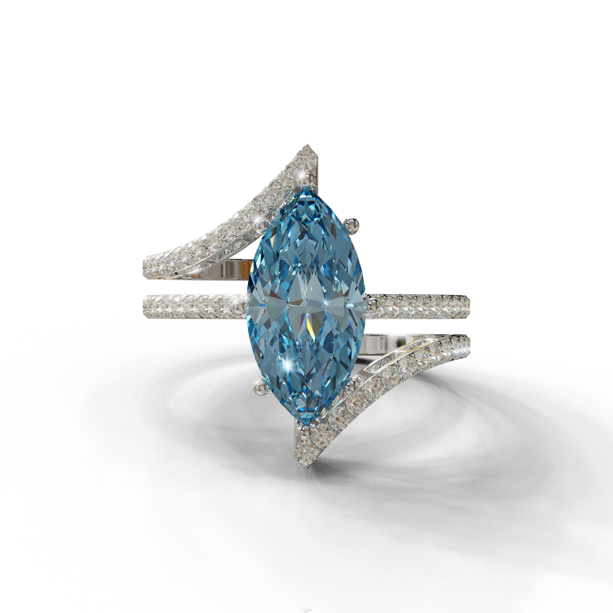 3 Carat Marquise Cut Blue Lab Diamond Ring with Double Pave Setting - 10K Solid Gold / White Gold