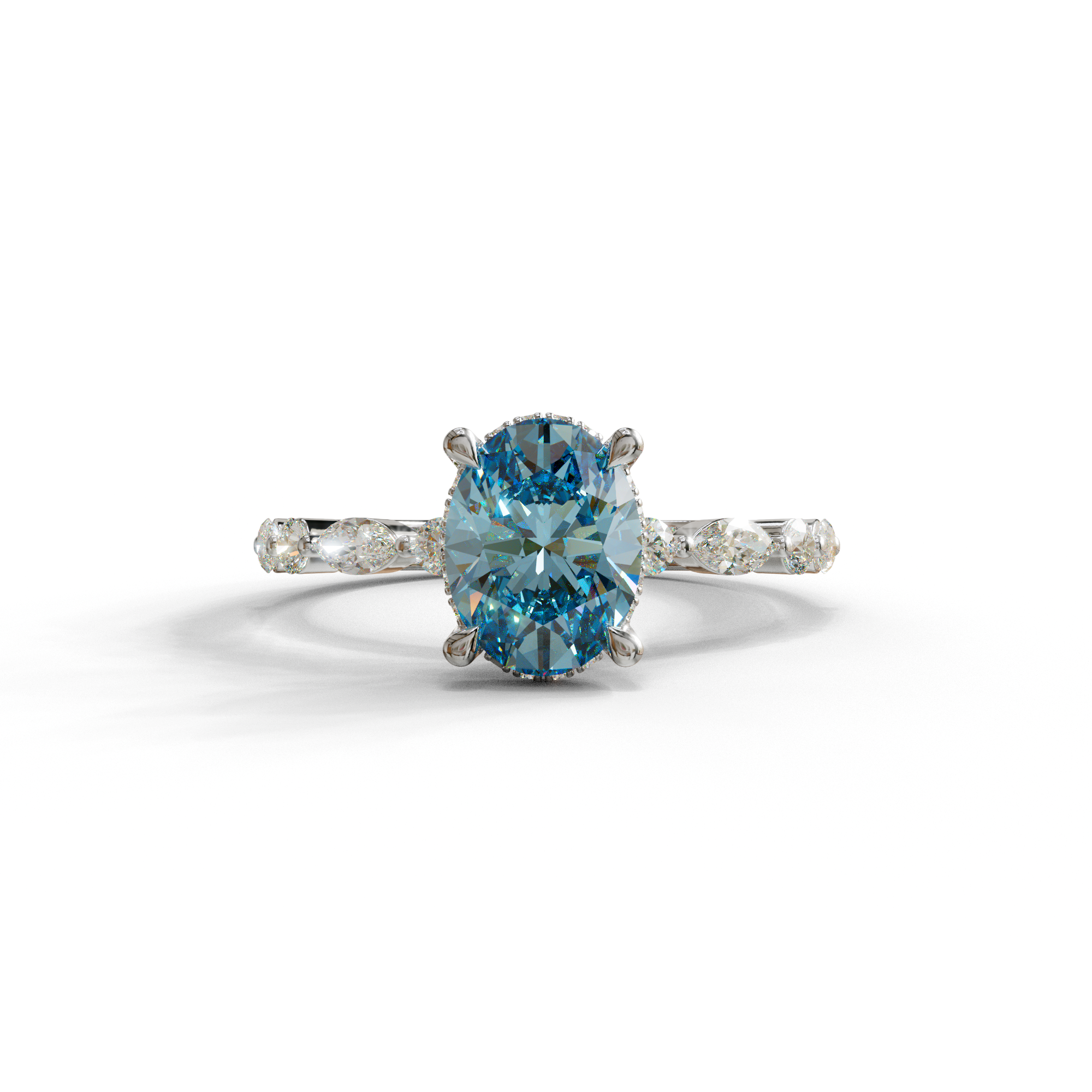 2 Carat Blue Oval Cut Hidden Halo & Pave Lab Diamond Ring - Laina - 10K Solid Gold / White Gold