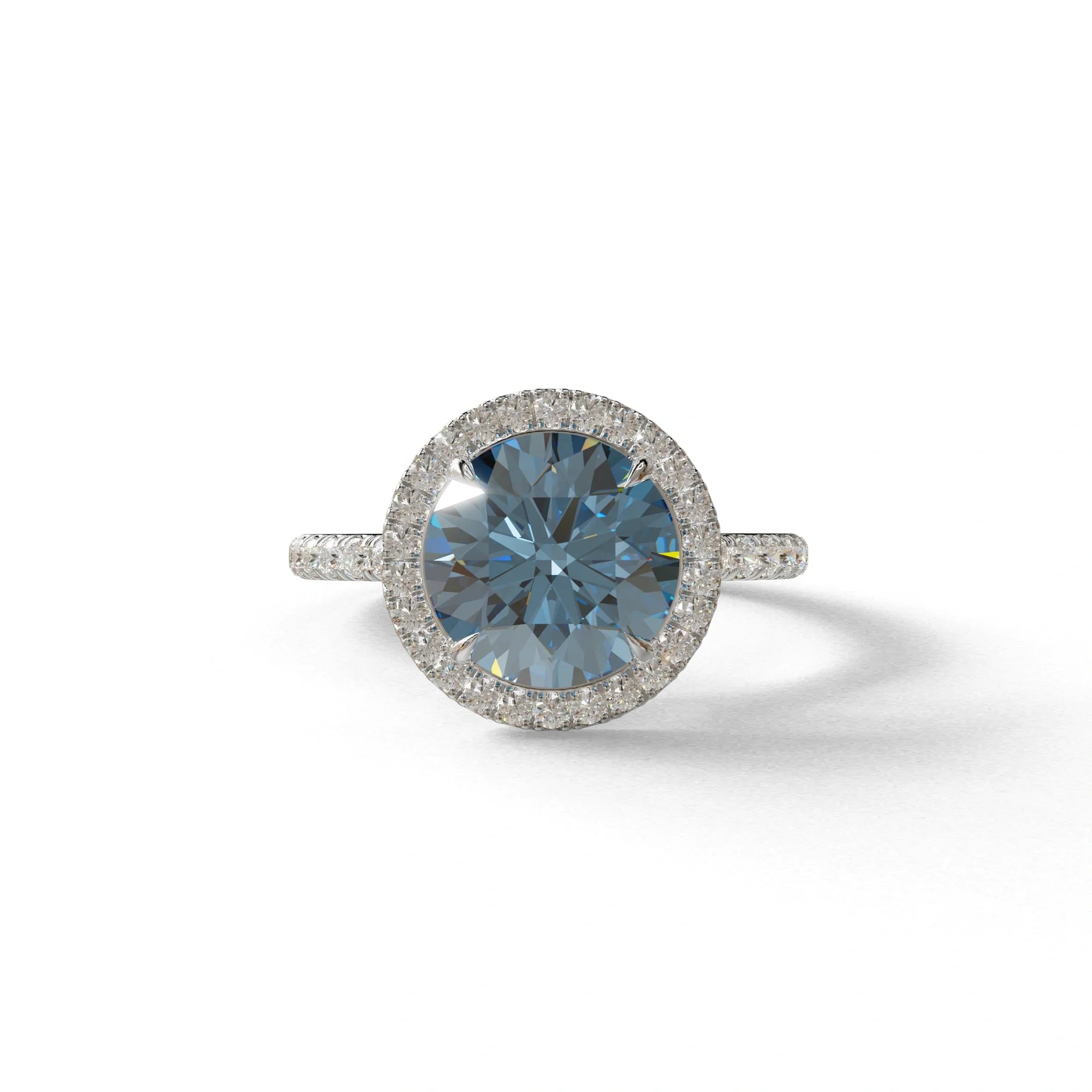 Fancy Blue Round Cut Halo & Pave Lab Grown Diamond Engagement Ring - Flutura - 2 Carat / 10K Solid Gold / White Gold