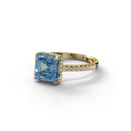 3.5 Carat Blue Asscher‑Cut Lab Diamond Engagement Ring with Halo and Pavé Accents