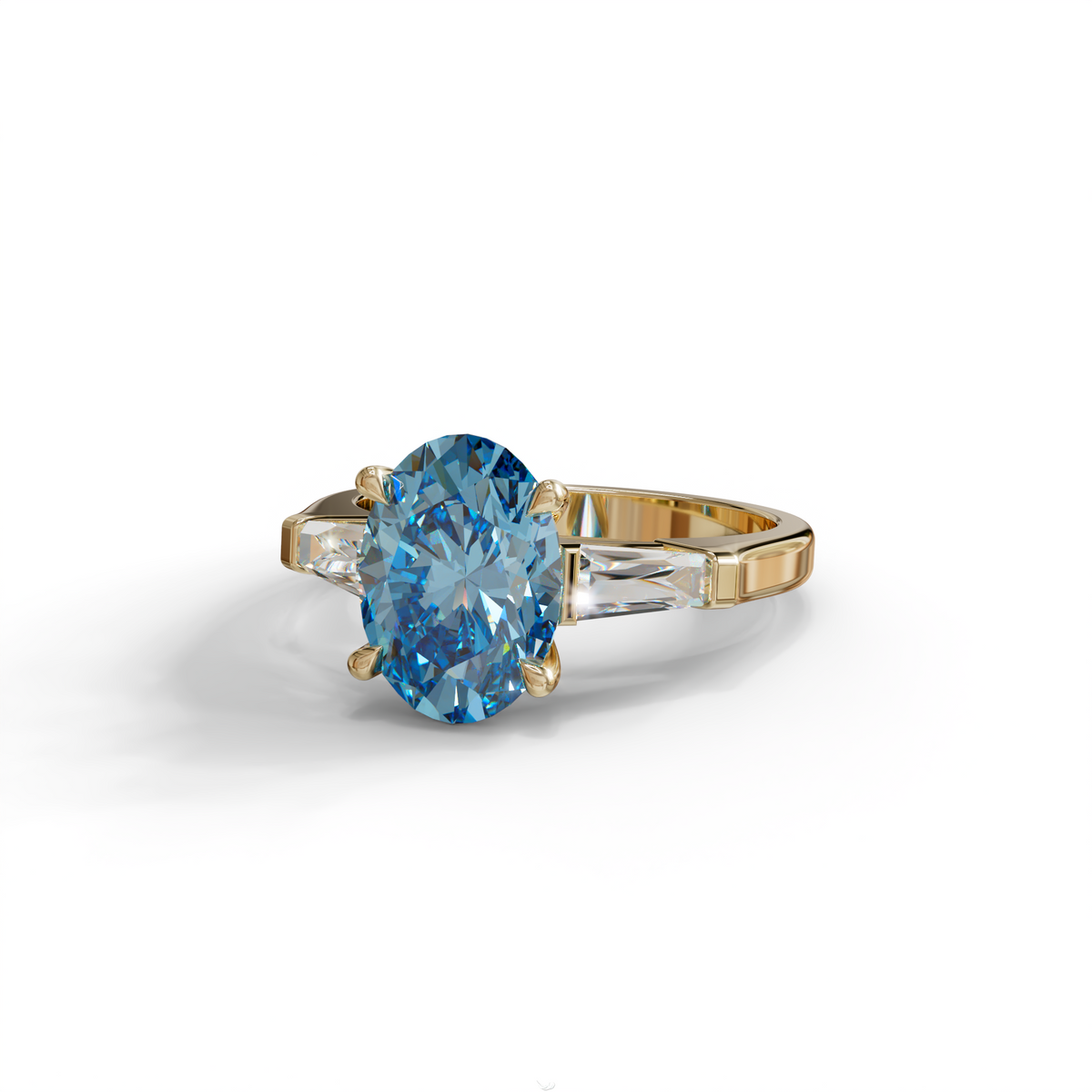 3 Carat Blue Oval & Tapered Baguette Lab Grown Diamond Three Stone Engagement Ring