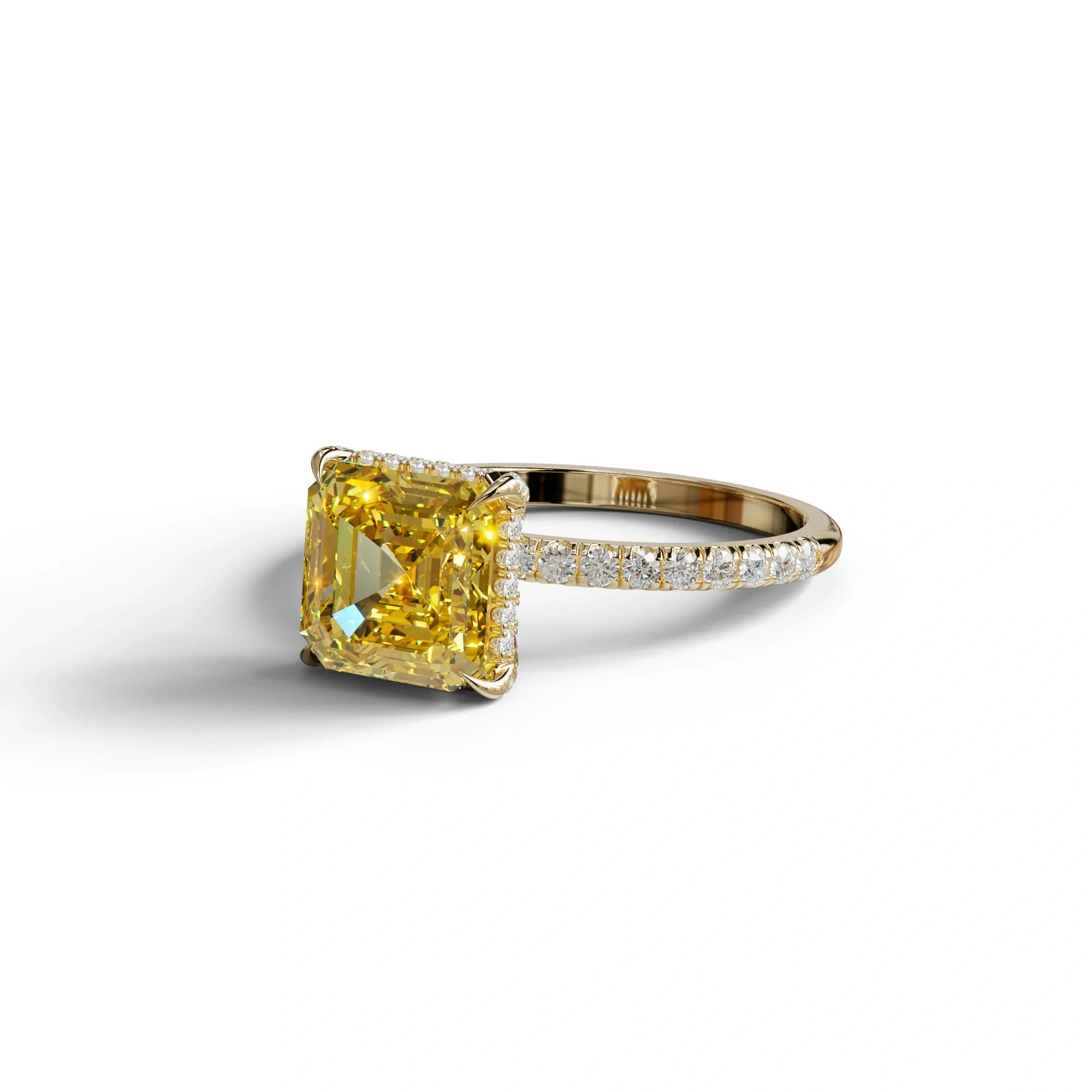 3 Carat Yellow Asscher Cut Hidden Halo & Pave Lab Grown Diamond Ring
