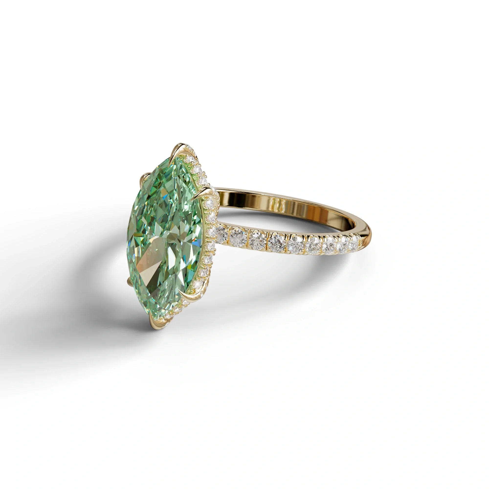 3 Carat Green Marquise Cut Lab Diamond In Hidden Halo & Pave Setting Ring