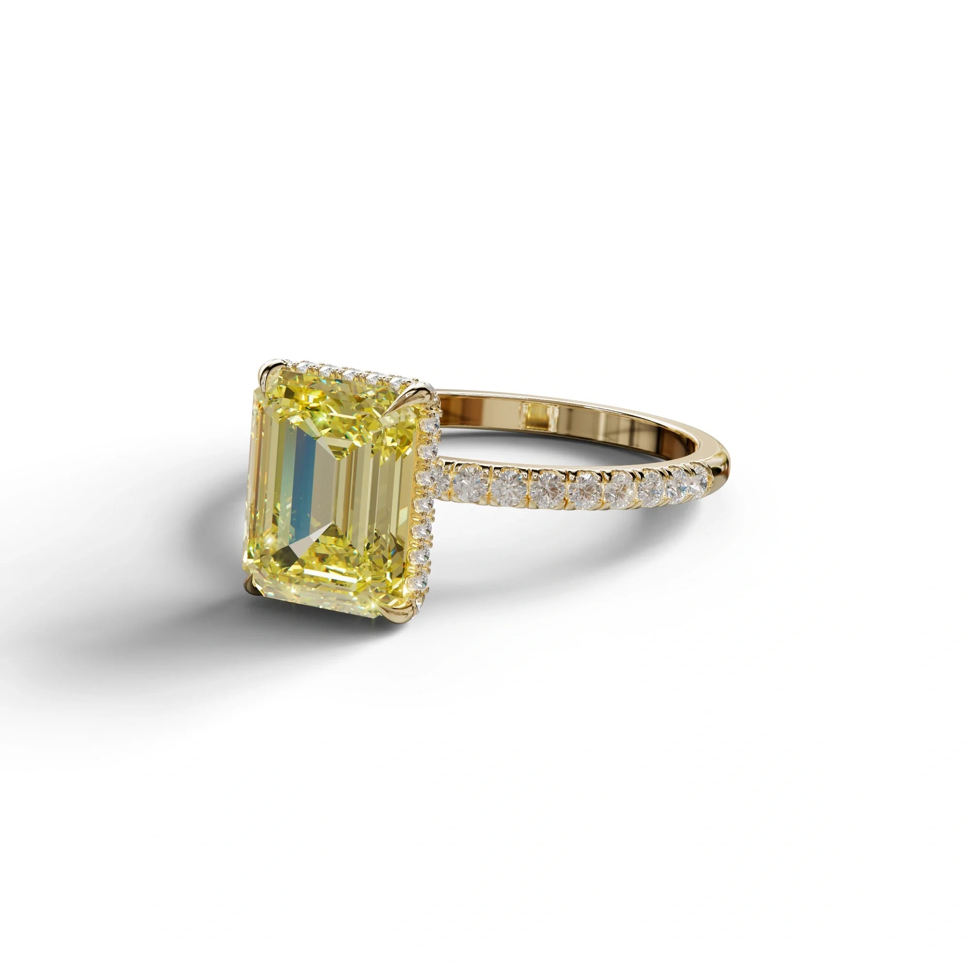 3 Carat Yellow Emerald Cut Lab Diamond In Hidden Halo & Pave Setting Ring
