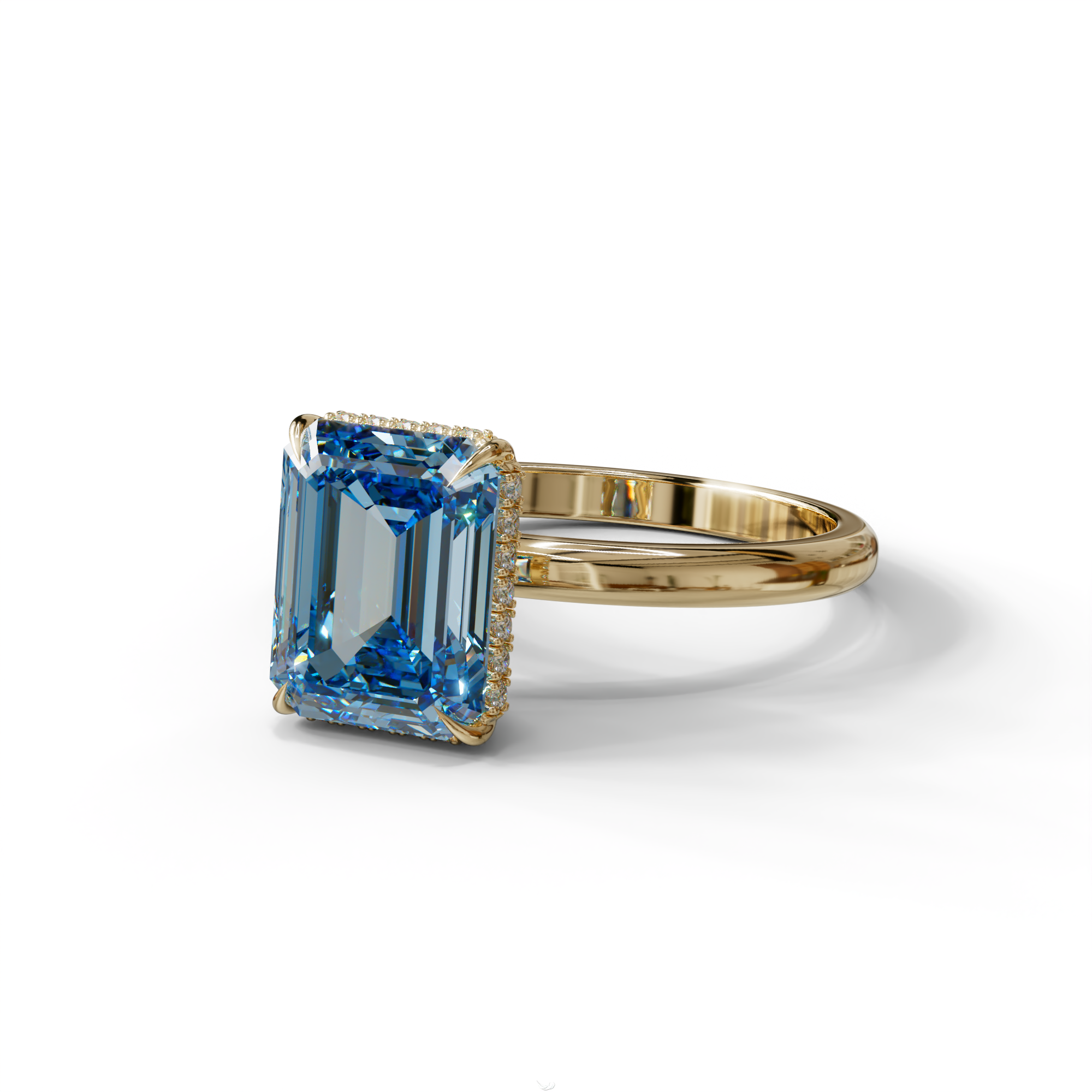 3 Carat Blue Emerald Cut Hidden Halo & Claw Setting Lab Grown Diamond Ring