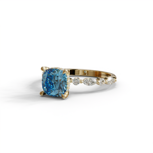 2 Carat Blue Cushion Cut Hidden Halo & Pave Lab Diamond Ring - Daisy