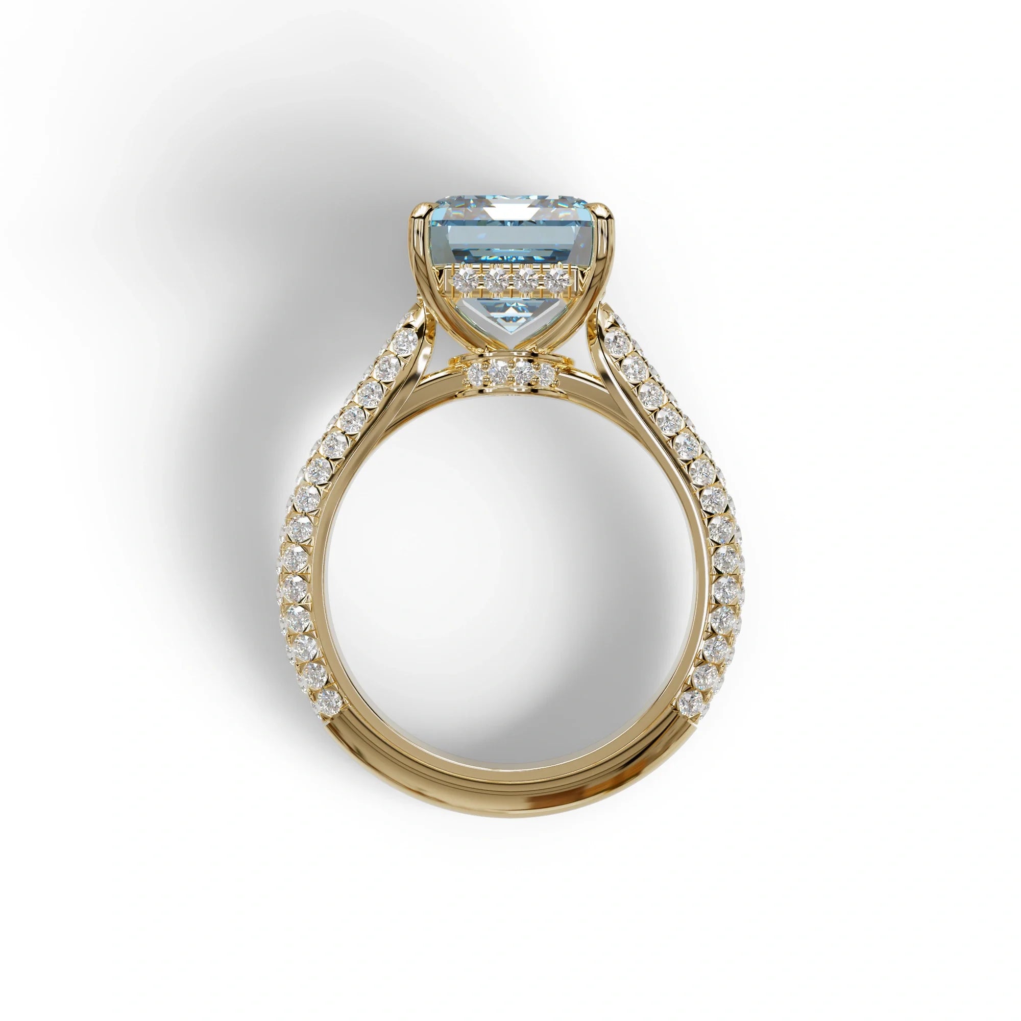 3 Carat Blue Emerald Cut Hidden Halo & Pave Set Lab Diamond Ring - Emme