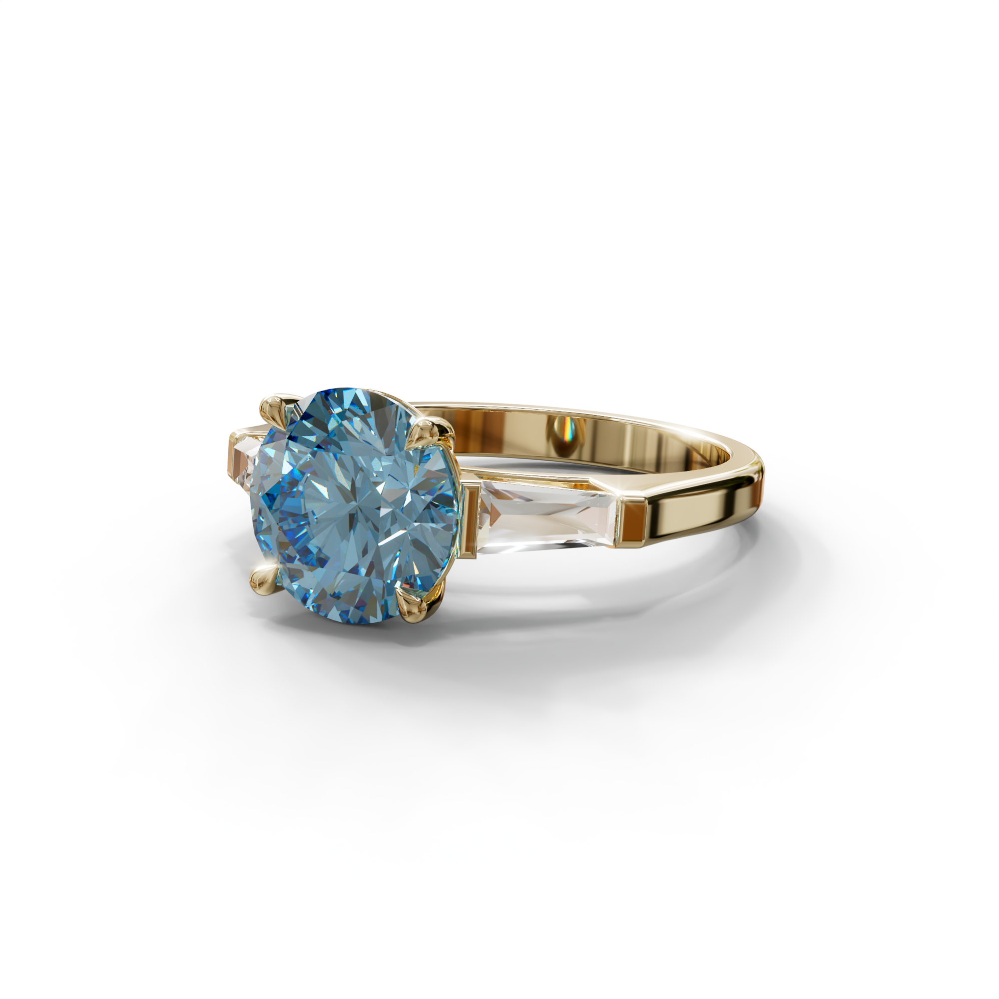 3 Carat Blue Round & Tapered Cut Multi Stone Lab Diamond Ring - Reflection