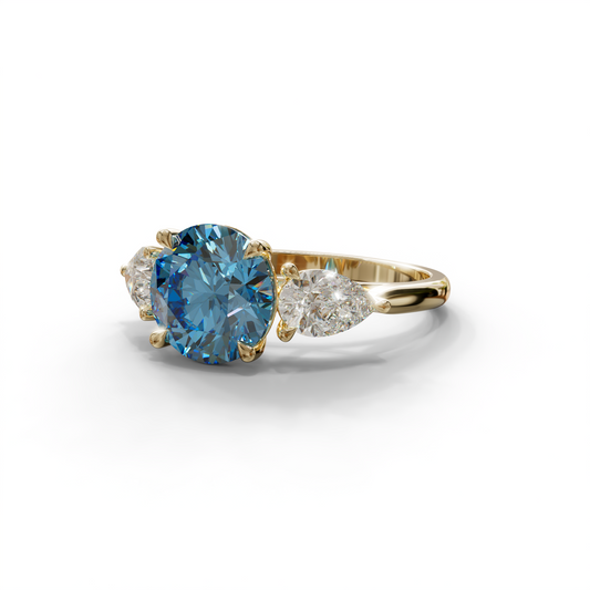 5 Carat Blue Round & Pear Cut Three Stone Lab Diamond Ring - Luminous