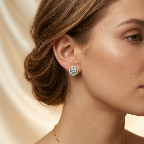 Ciera - Stunning Blue Color Round Diamond Stud Earrings | Halo Setting | Certified