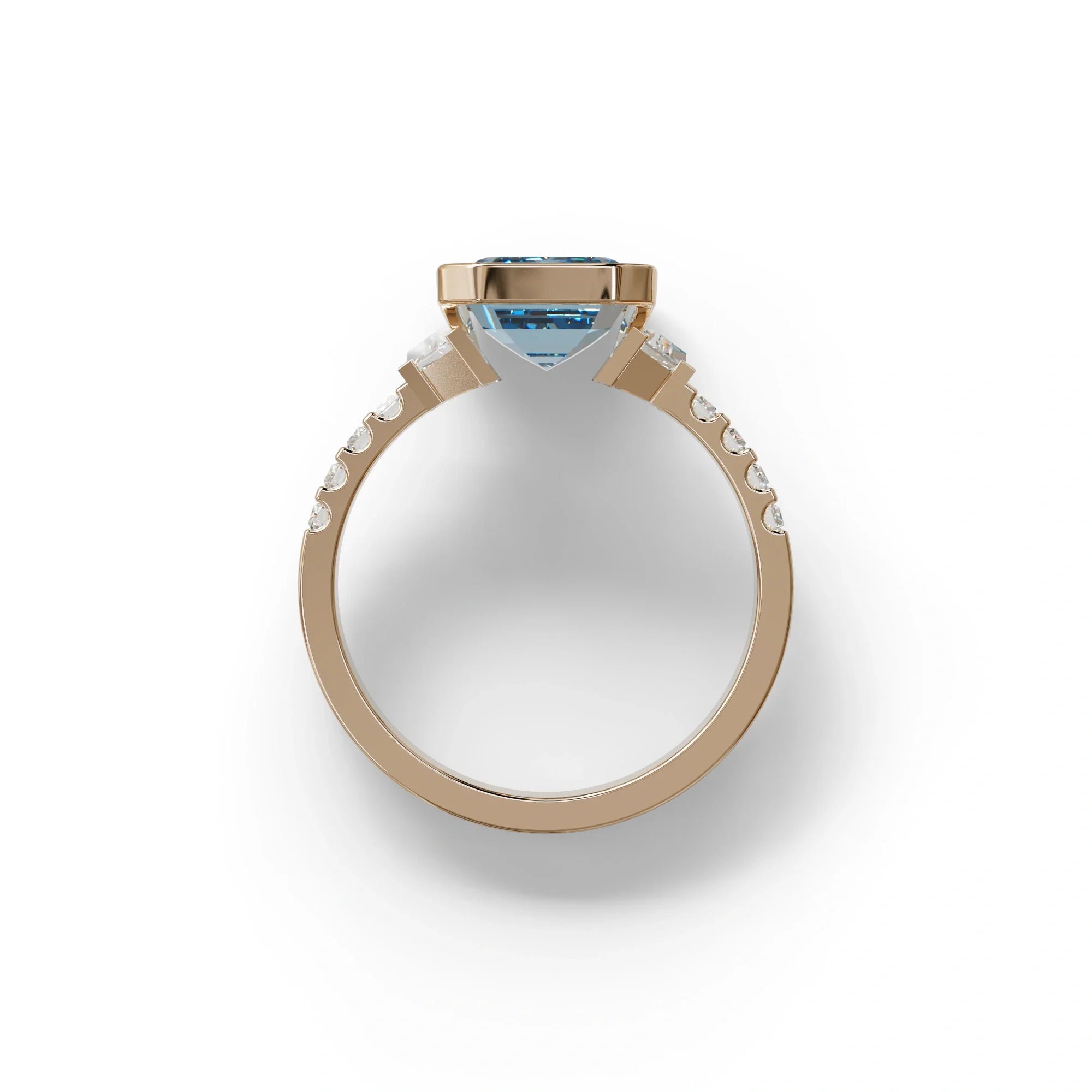3 Carat Blue Color Emerald Cut Three Stone Lab Diamond Engagement Ring | Bezel Setting Ring - Gatsby
