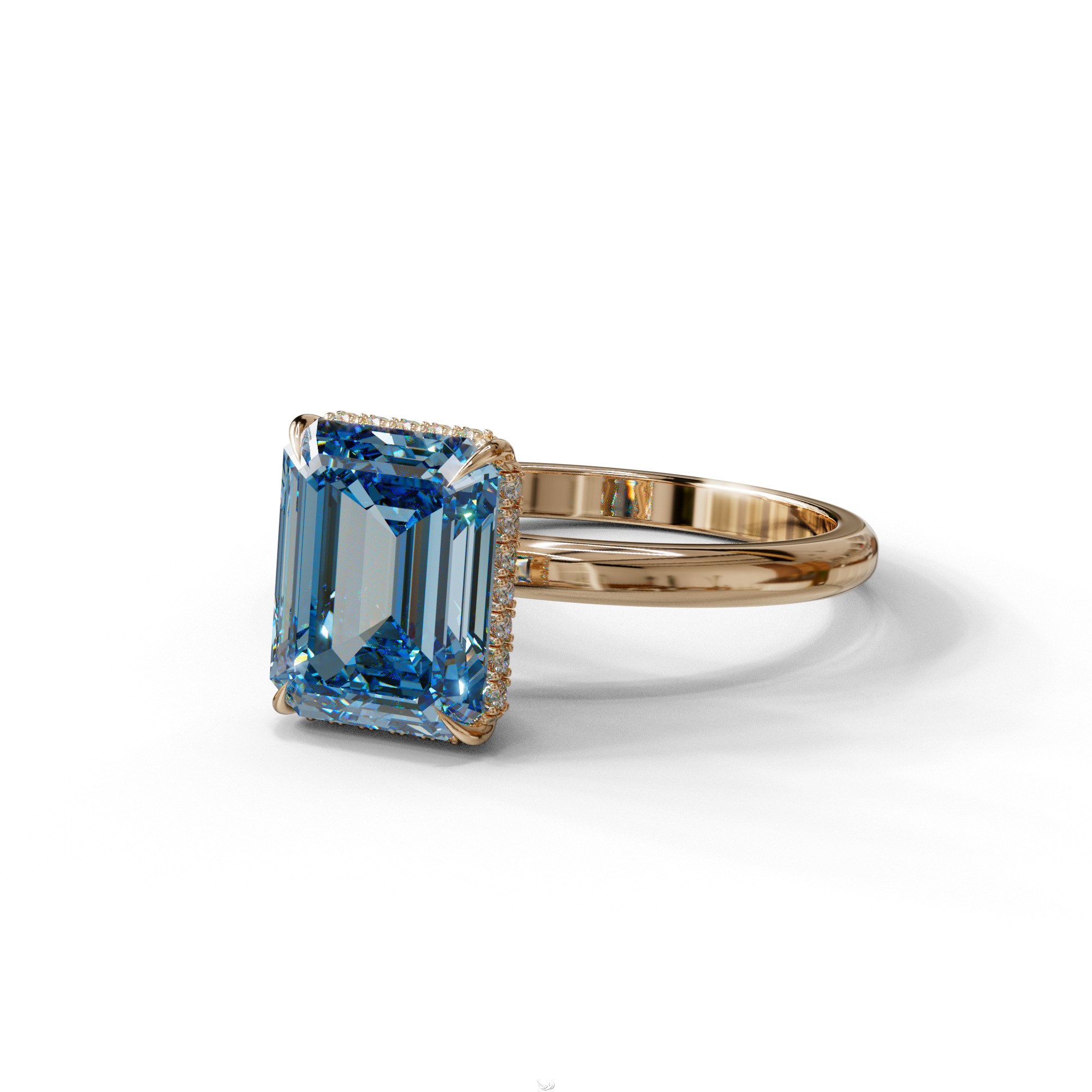 3 Carat Blue Emerald Cut Hidden Halo & Claw Setting Lab Grown Diamond Ring