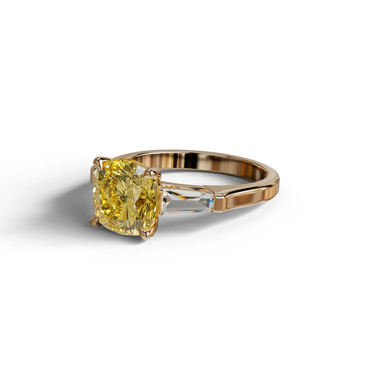 3 Carat Yellow Cushion & Tapered Baguette Three Stone Engagement Ring