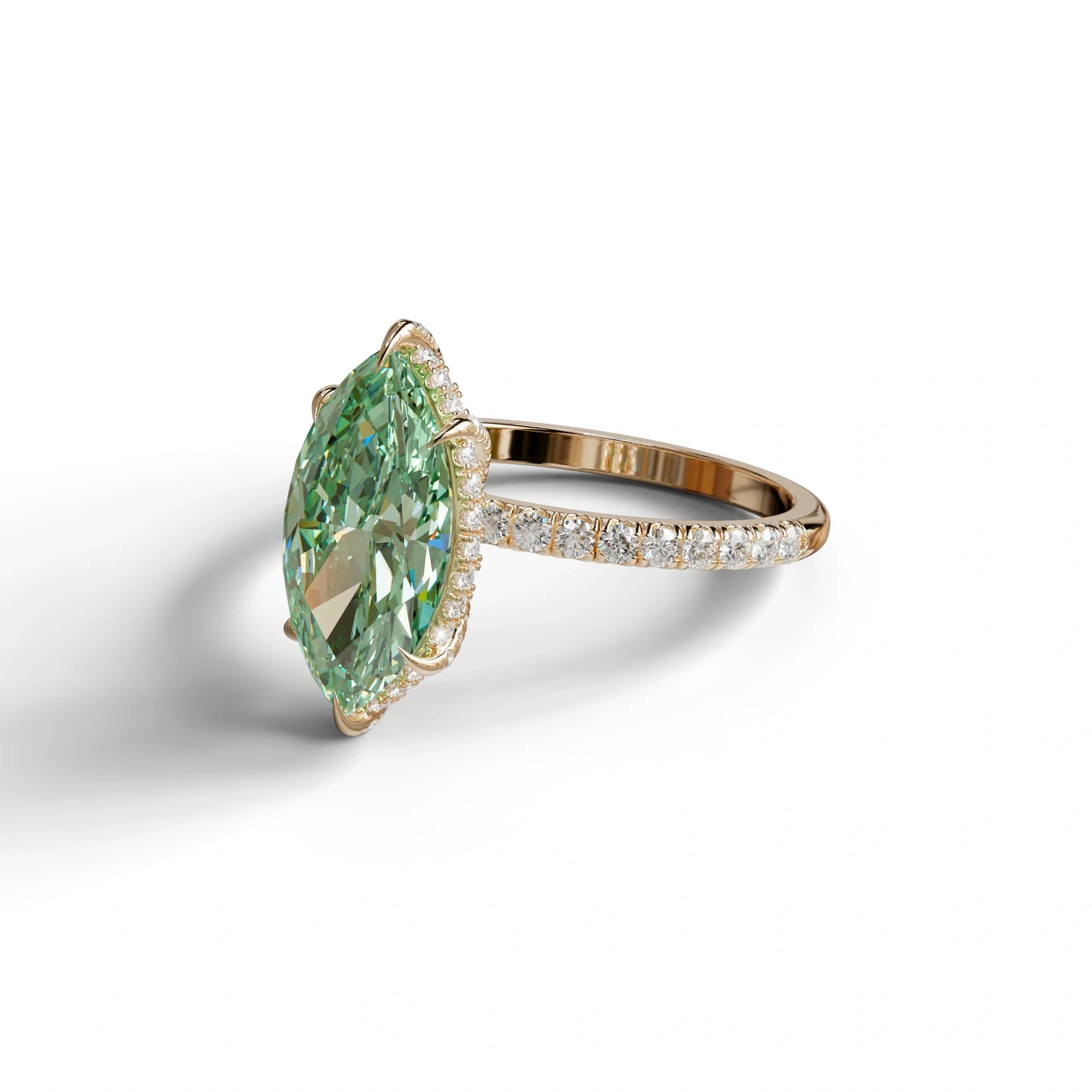3 Carat Green Marquise Cut Lab Diamond In Hidden Halo & Pave Setting Ring