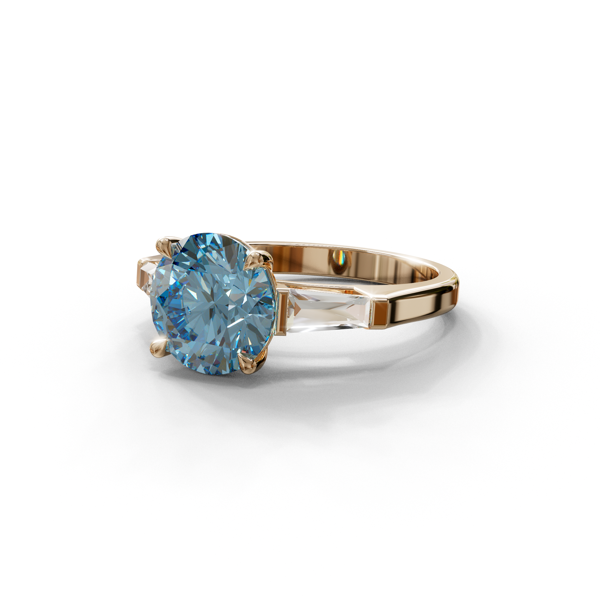 3 Carat Blue Round & Tapered Cut Multi Stone Lab Diamond Ring - Reflection