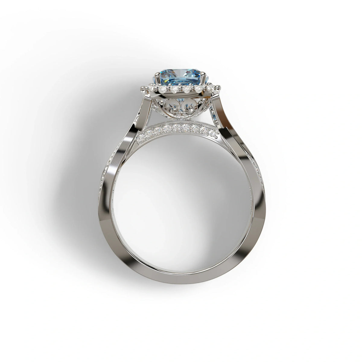 3 Carat Blue Cushion Cut Lab Grown Halo Diamond Engagement Ring - Odessa