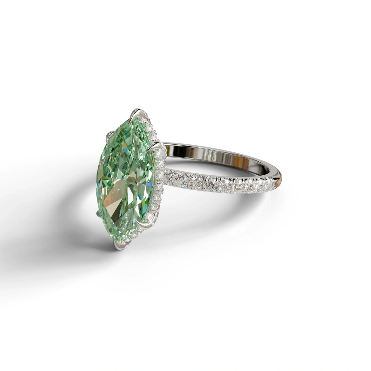 3 Carat Green Marquise Cut Lab Diamond In Hidden Halo & Pave Setting Ring