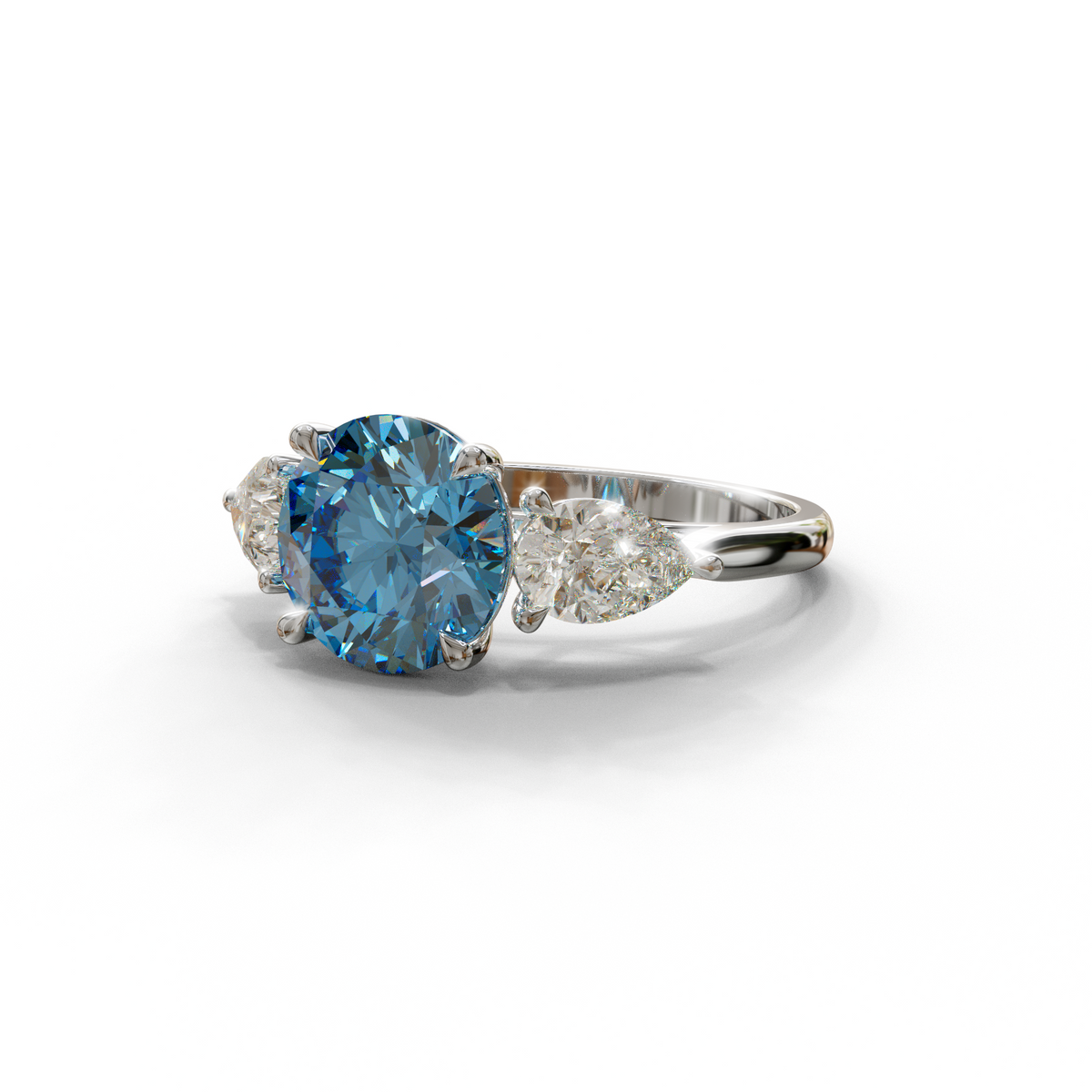 5 Carat Blue Round & Pear Cut Three Stone Lab Diamond Ring - Luminous