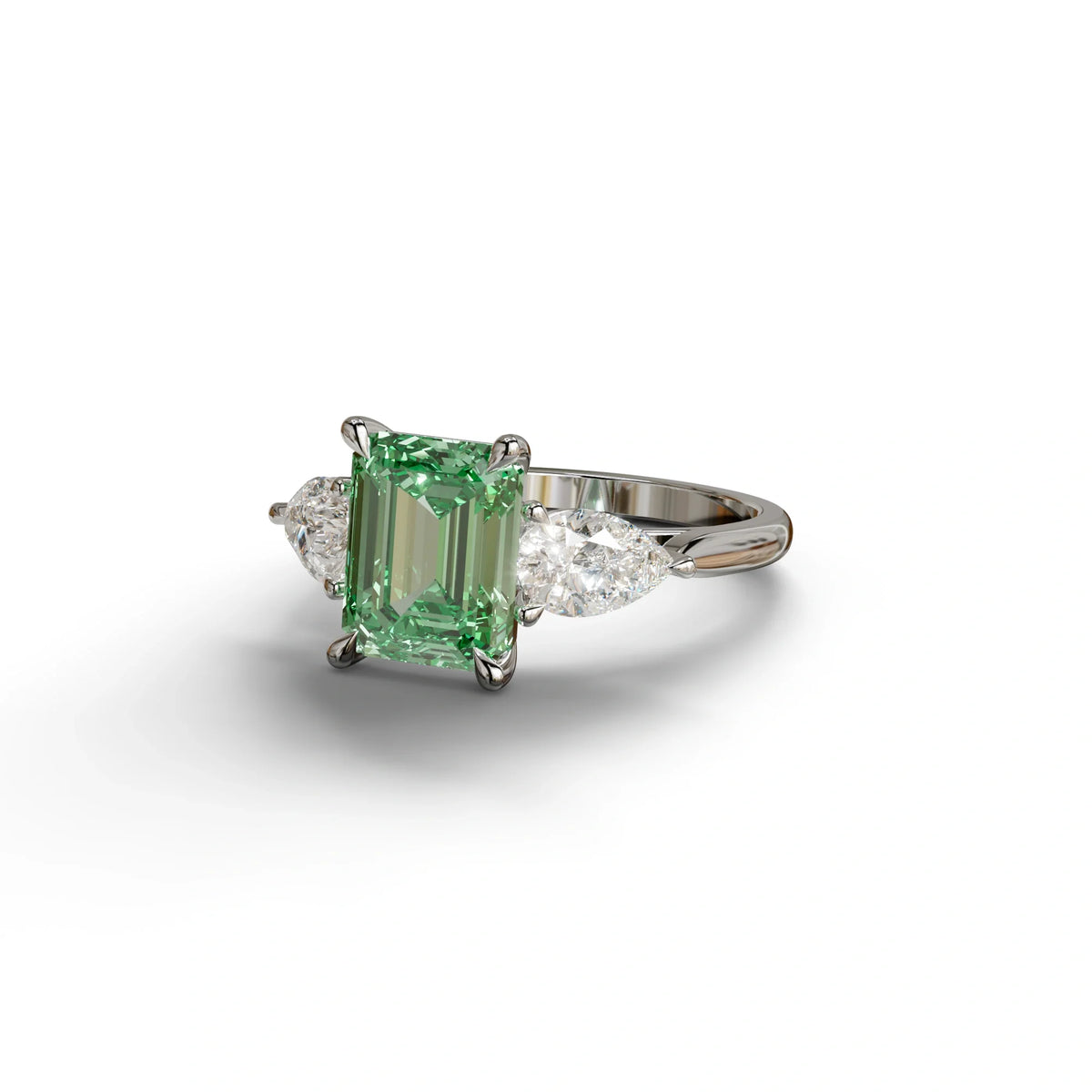 3 Carat Green Emerald Cut Lab Diamond In 3 Stones Claw Prongs Setting Ring