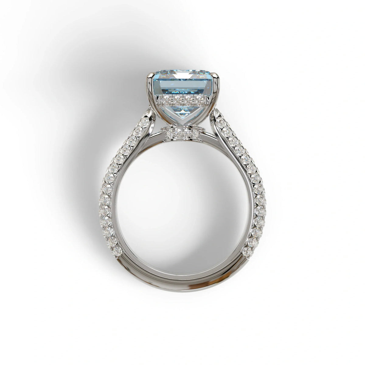 3 Carat Blue Emerald Cut Hidden Halo & Pave Set Lab Diamond Ring - Emme