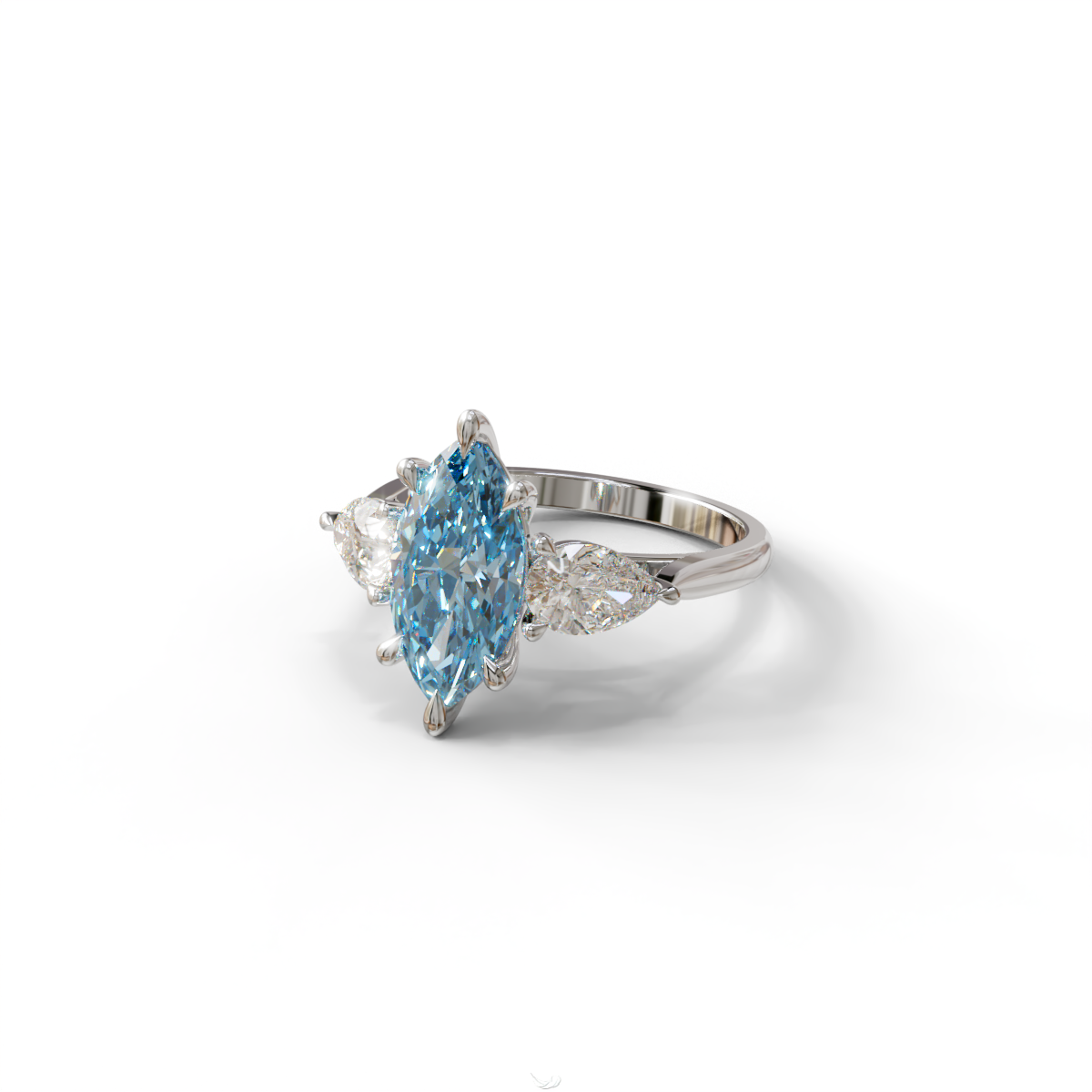 3 Carat Fancy Blue Marquise & Pear Cut Three Stone Lab Grown Diamond Engagement Ring