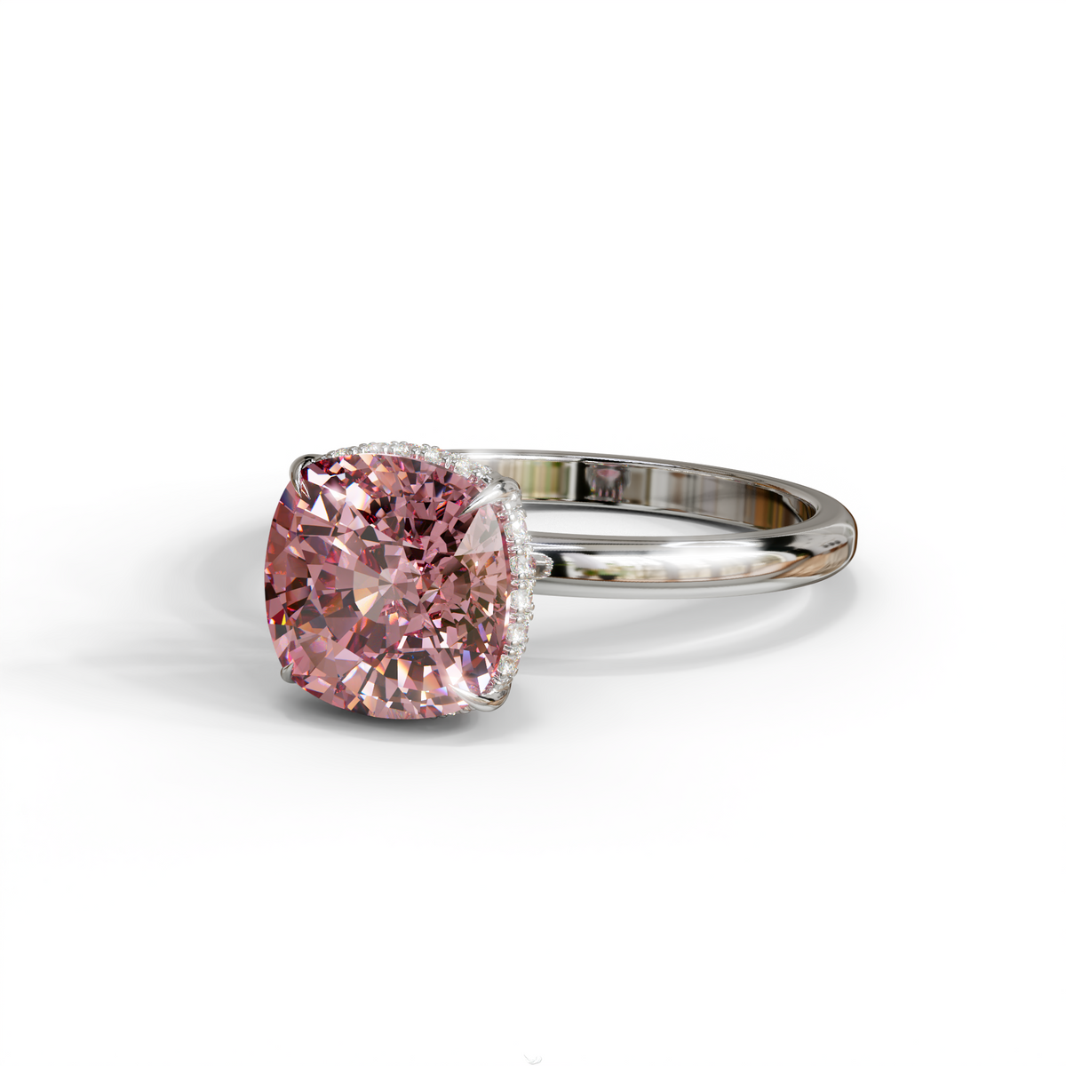 3 Carat Pink Cushion Lab Diamond Hidden Halo Ring