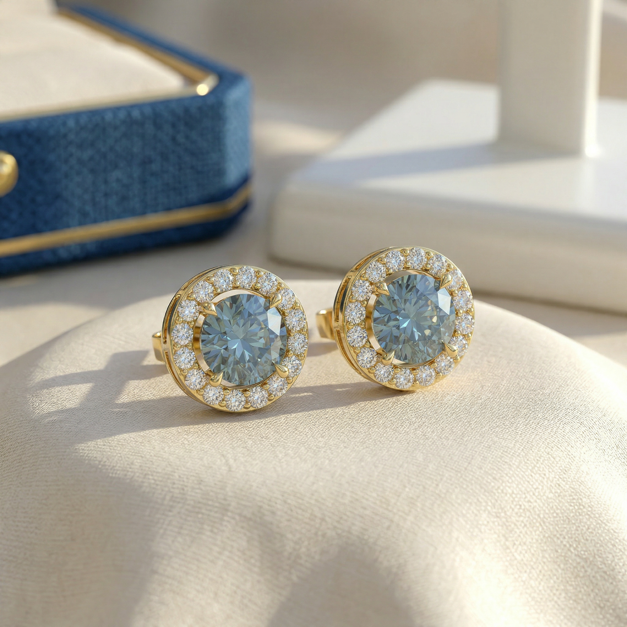 Ciera - Stunning Blue Color Round Diamond Stud Earrings | Halo Setting | Certified