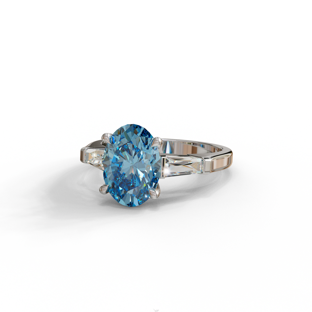 3 Carat Blue Oval & Tapered Baguette Lab Grown Diamond Three Stone Engagement Ring