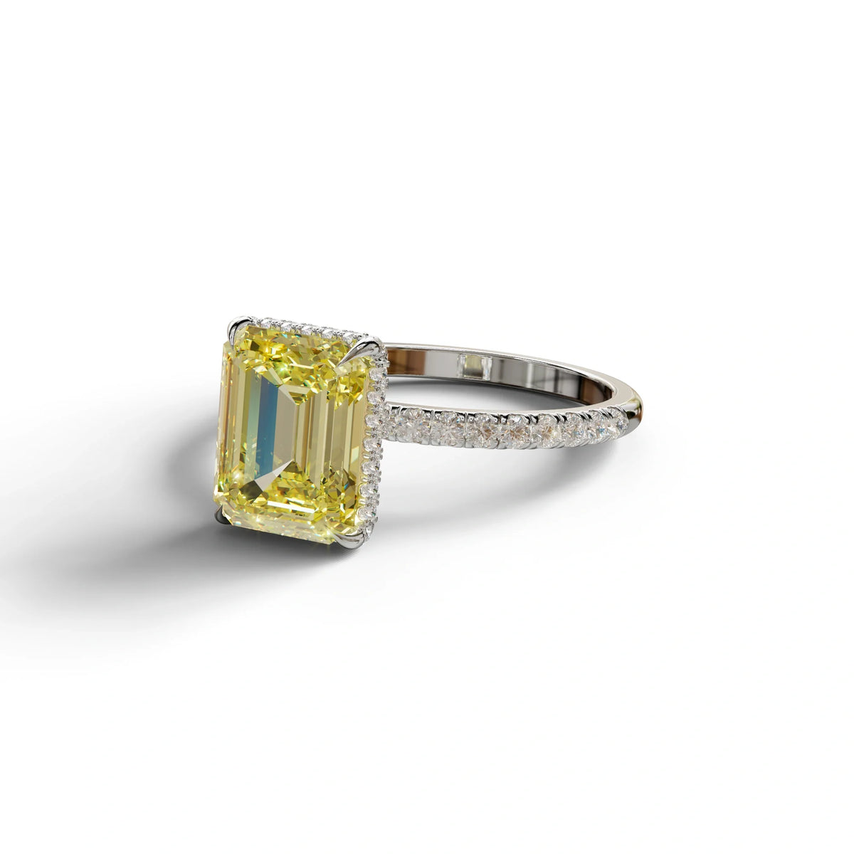 3 Carat Yellow Emerald Cut Lab Diamond In Hidden Halo & Pave Setting Ring
