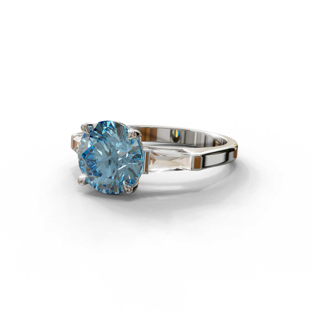 3 Carat Blue Round & Tapered Cut Multi Stone Lab Diamond Ring - Reflection