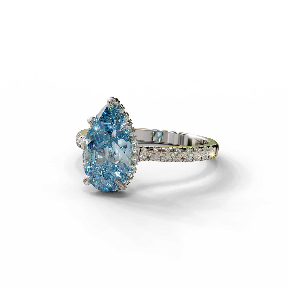 3 Carat Blue Pear Cut Hidden Halo & Pave Set Lab Diamond Ring - Eblouissant