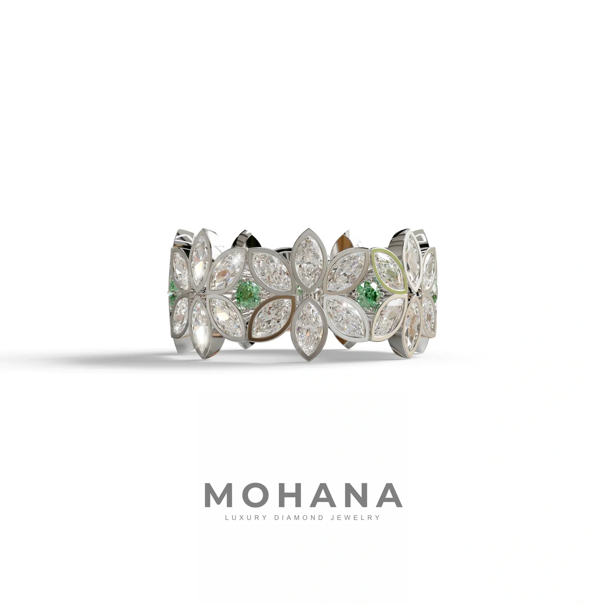 18K Gold Floral Eternity Band: Marquise Diamond & Round Diamond Full Eternity Band - 10K Solid Gold / White Gold
