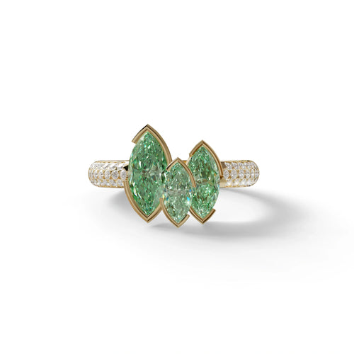 3 Stone 1.75 Ct Green Marquise Cut Pave Setting Lab Diamond Ring - Dutch - 10K Solid Gold / Yellow Gold