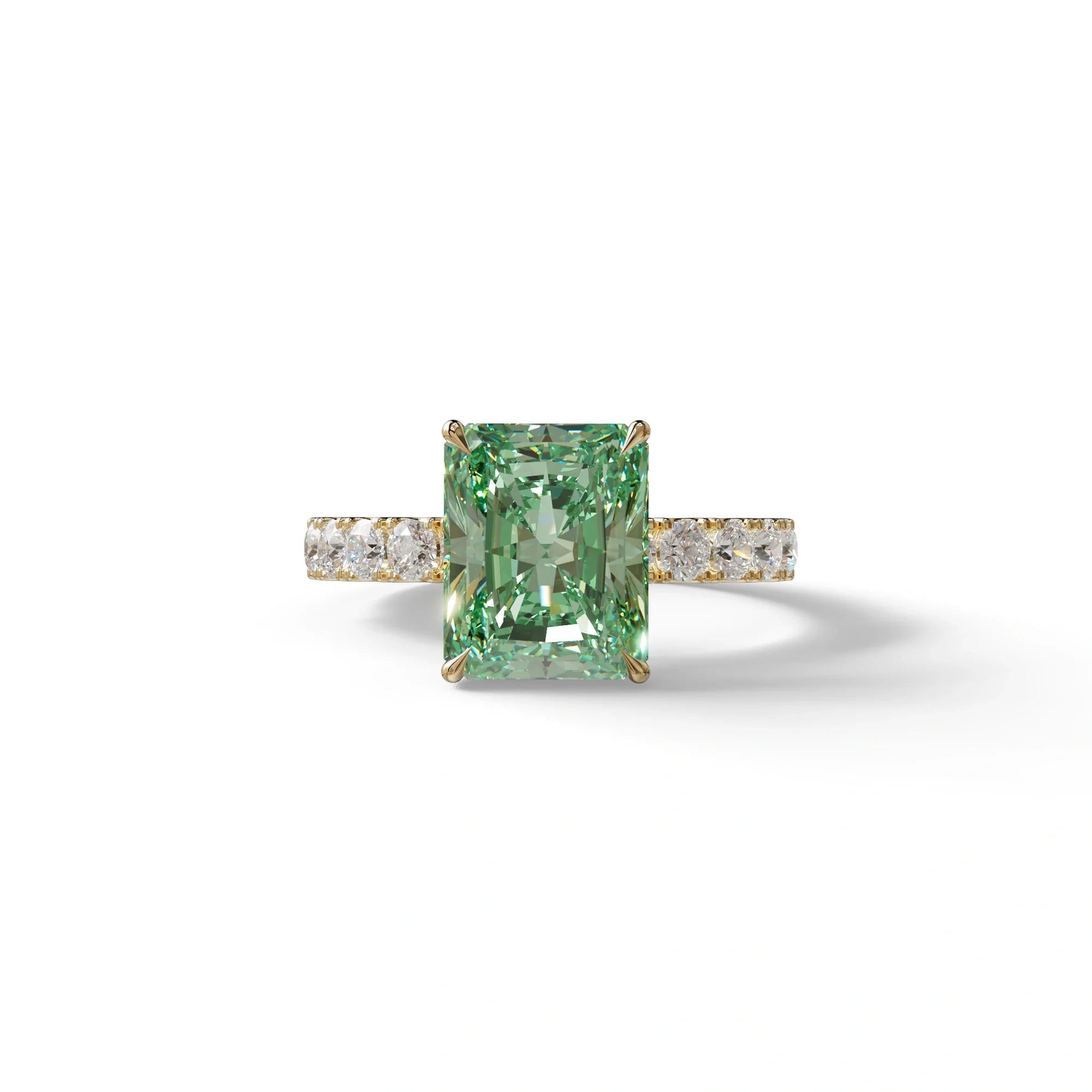 3 Carat Green Radiant Cut Lab Diamond Hidden Halo Engagement Ring - Lace Bridge - 10K Solid Gold / Yellow Gold