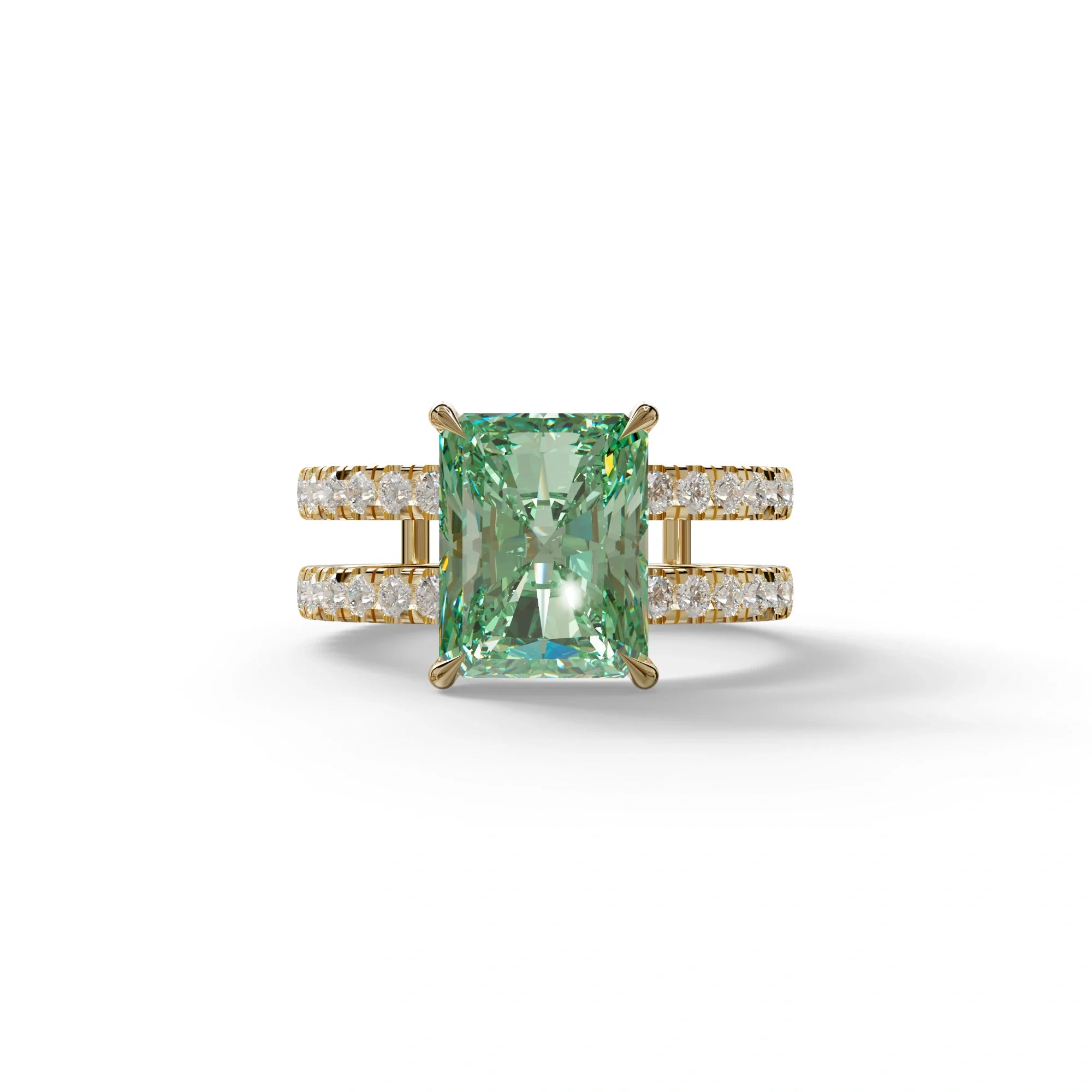 Green Color Radiant Cut Lab Diamond Engagement Ring | Double Band Hidden Halo - Billie - 10K Solid Gold / Yellow Gold
