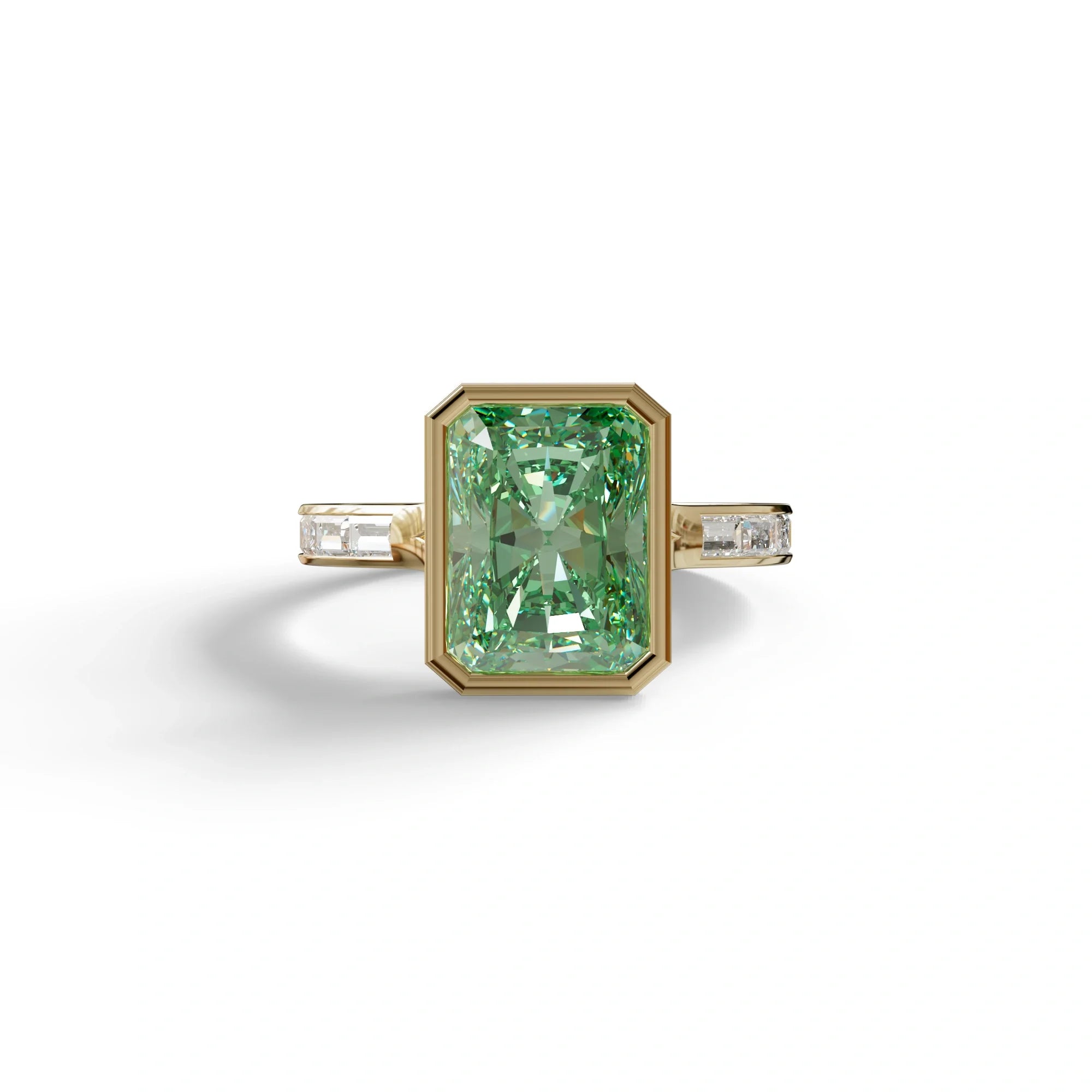3 Ct Radiant Cut Green Color Lab Diamond Ring - Olympia - 10K Solid Gold / Yellow Gold