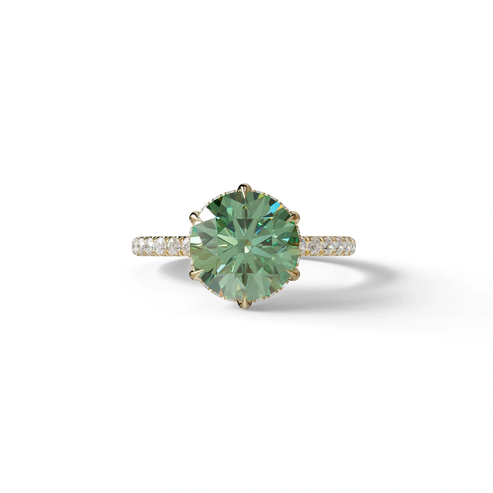 2.5 Carat Green Round Cut Hidden Halo & Pave Lab Diamond Ring - Hyper Saga - 10K Solid Gold / Yellow Gold