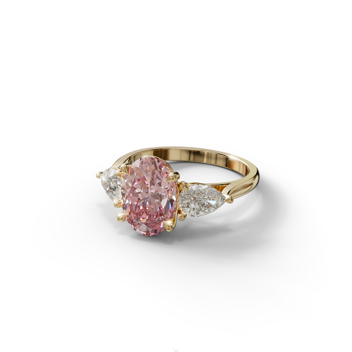 3 Carat Fancy Pink Oval & Pear Cut Three Stone Lab Diamond Ring – 10K 14K 18K Gold