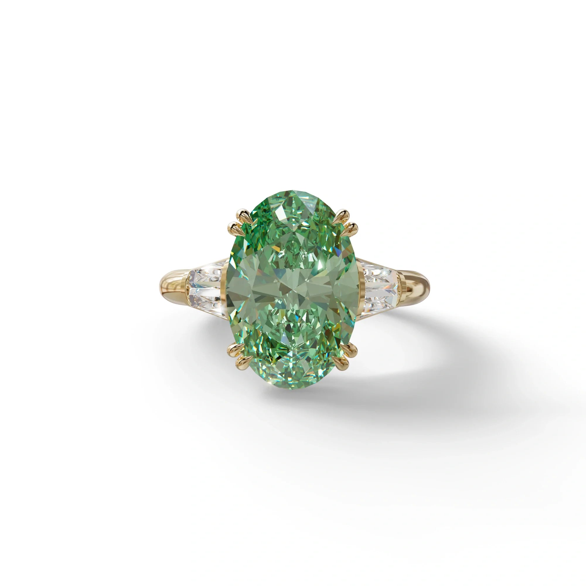 3 Carat Green Oval & Baguette Lab Diamond Ring - Persi - 10K Solid Gold / Yellow Gold