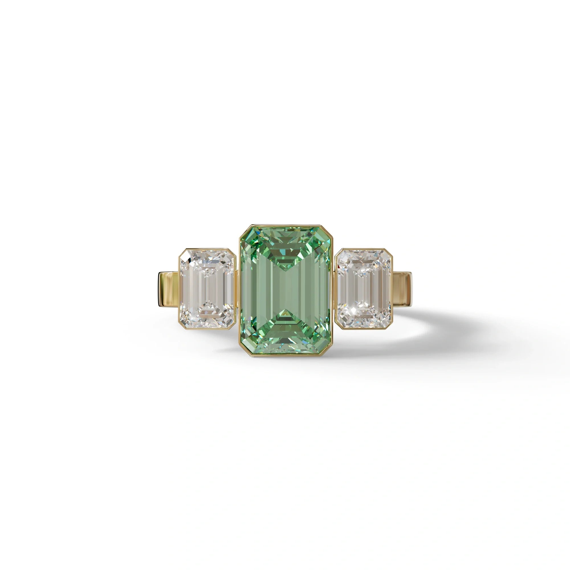 Three Stone 3 Carat Emerald cut Green Lab Grown Diamond Engagement Ring - Elaris - 10K Solid Gold / Yellow Gold