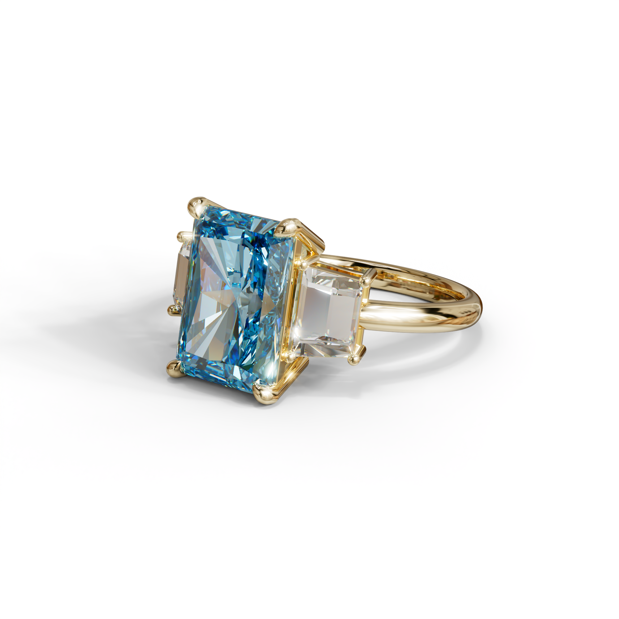 4 Carat Blue Radiant & Trapezoid Three Stone Engagement Ring - Embrace
