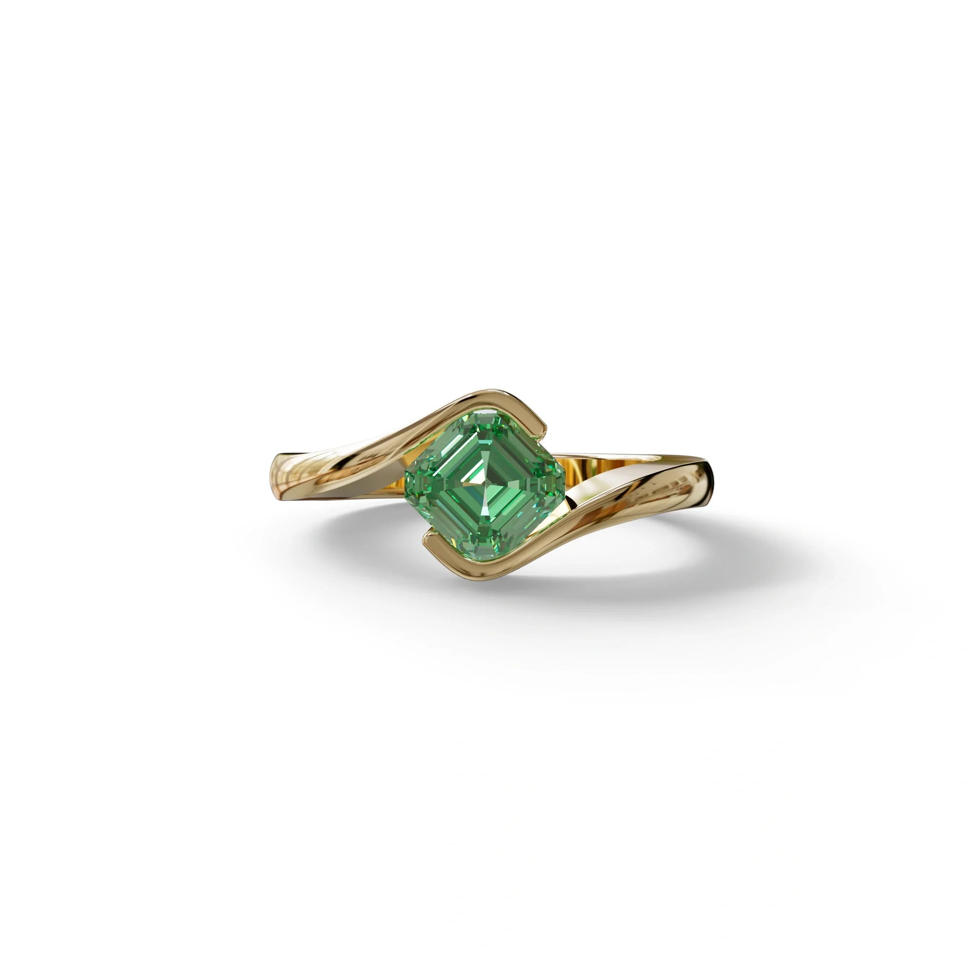 1.5 Carat Green Asscher Cut Half Bezel Lab Grown Diamond Ring - Aquarius - 10K Solid Gold / Yellow Gold