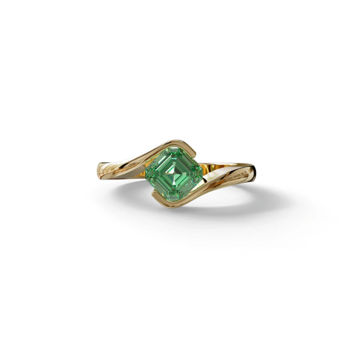 1.5 Carat Green Asscher Cut Half Bezel Lab Grown Diamond Ring - Aquarius - 10K Solid Gold / Yellow Gold