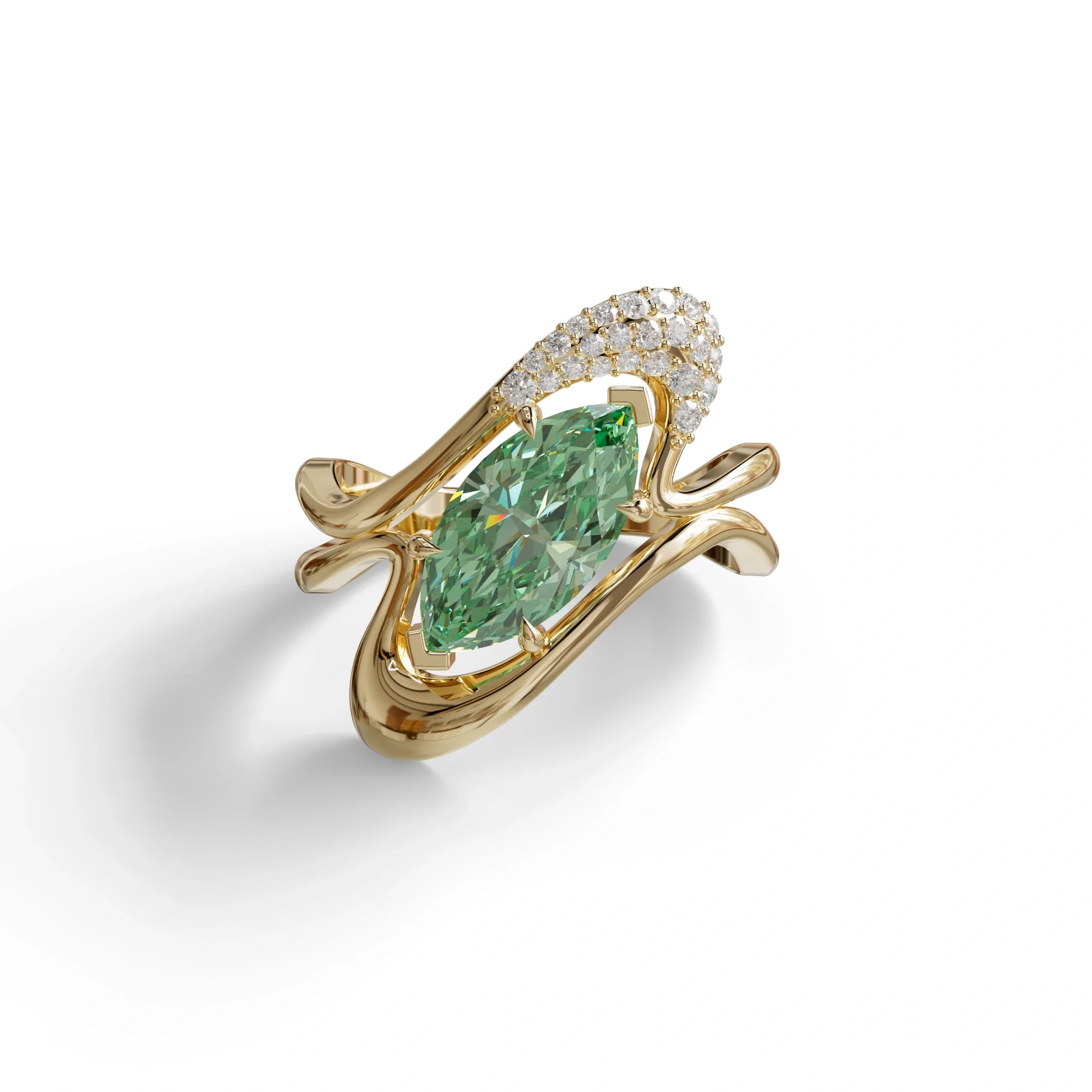 3 Carat Marquise Cut Green Lab Grown Diamond Curve Ring - Myka - 10K Solid Gold / Yellow Gold