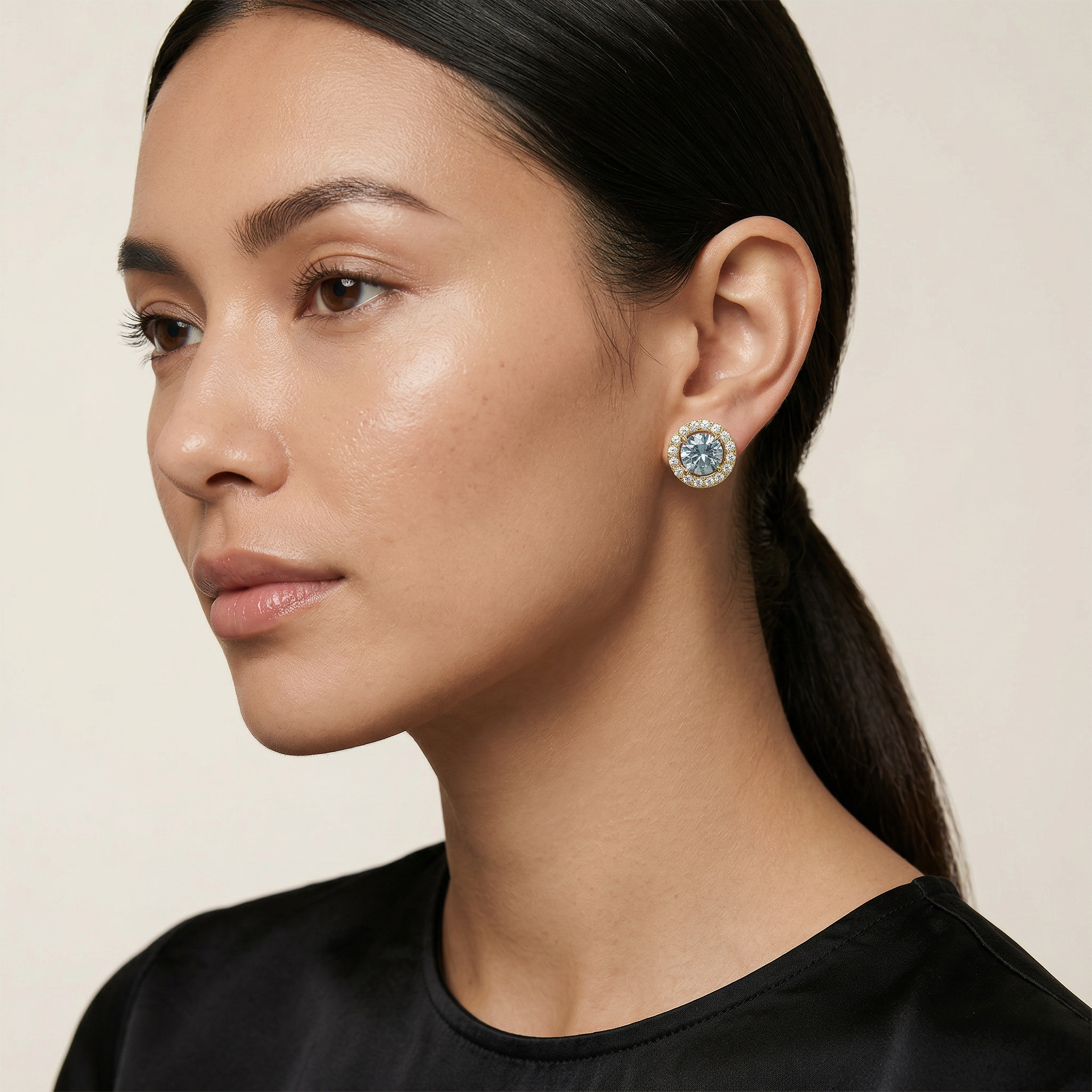 Ciera - Stunning Blue Color Round Diamond Stud Earrings | Halo Setting | Certified