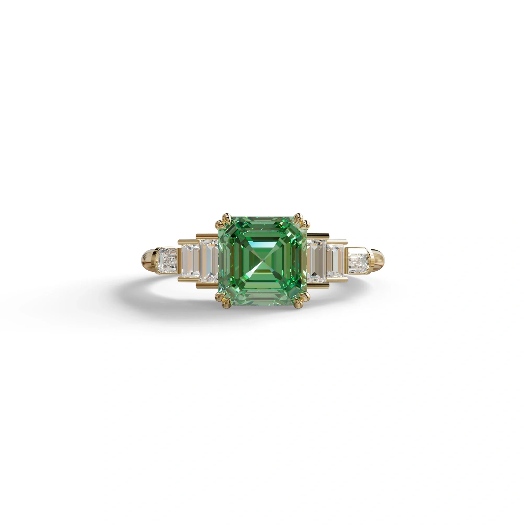 3 Carat Green Asscher Three Stone Lab grown Diamond Ring - Vetra - 10K Solid Gold / Yellow Gold