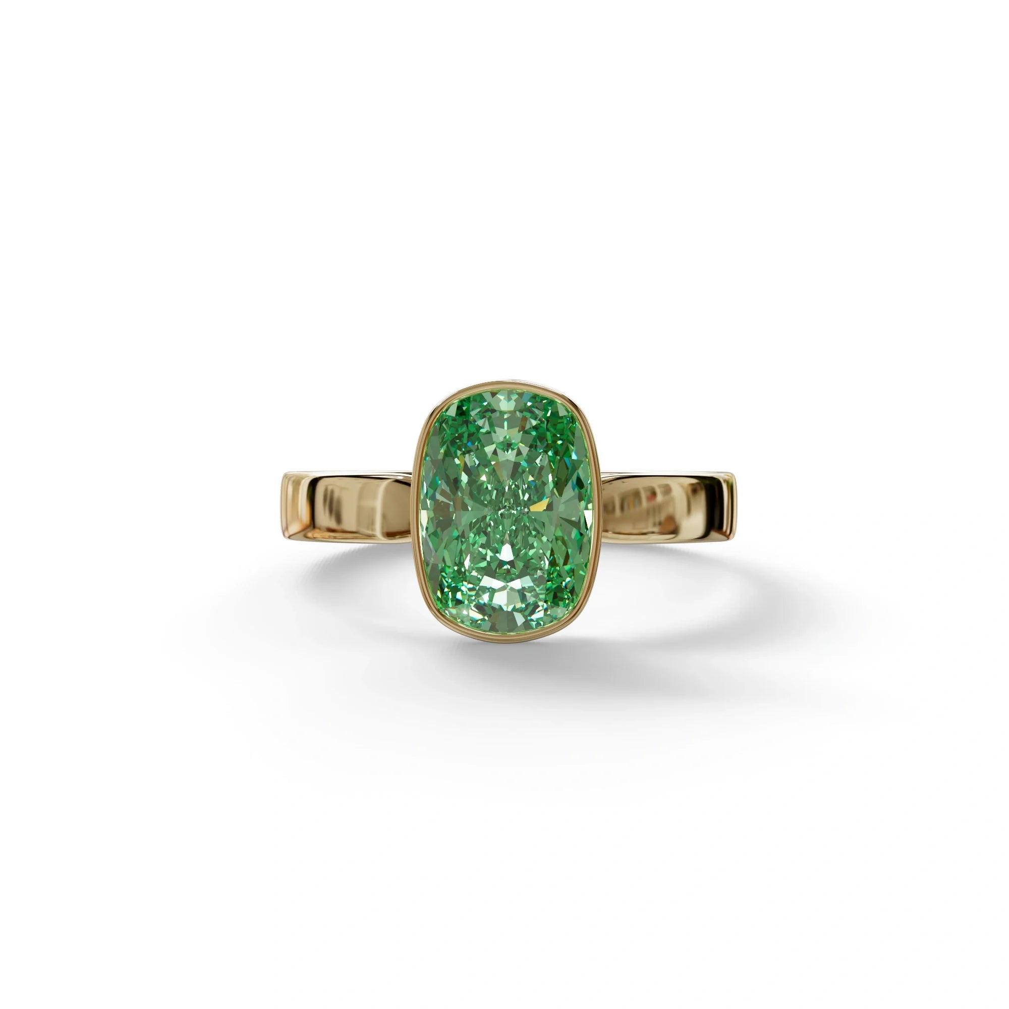 3 Carat Green Elongated Cushion Cut Bezel Set Engagement Ring - Astrae - 10K Solid Gold / Yellow Gold