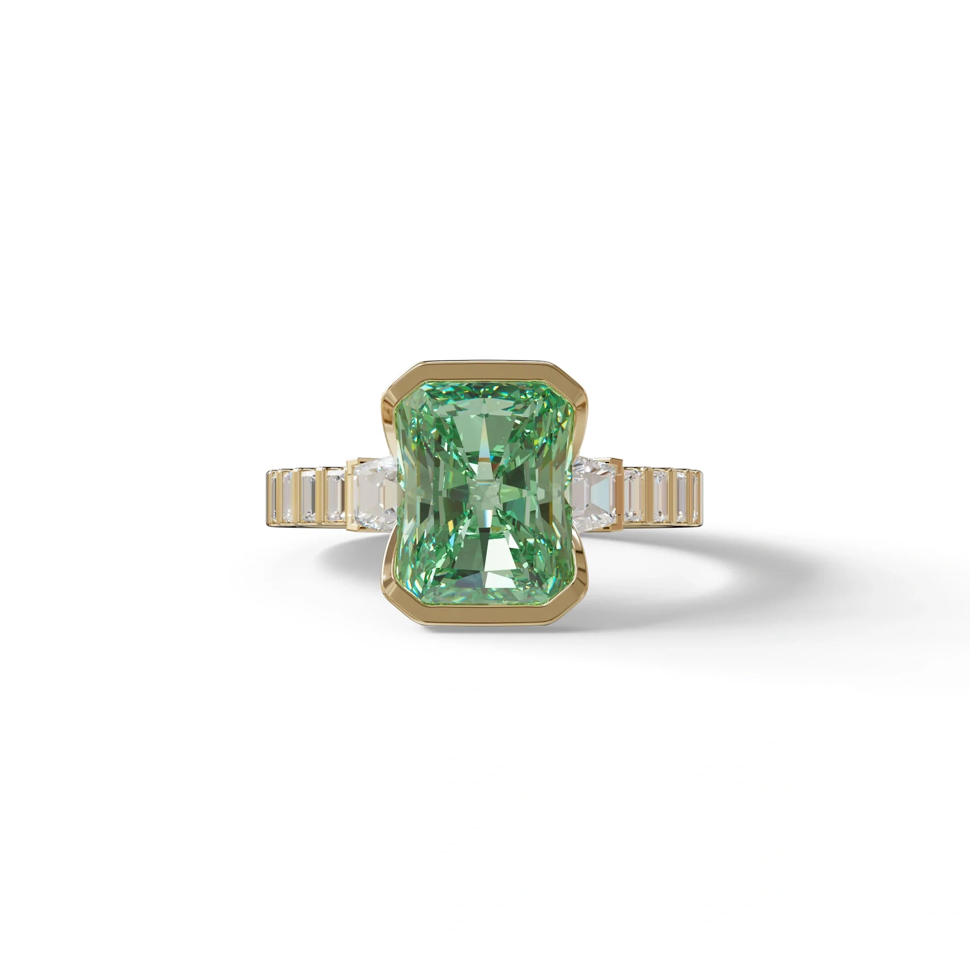 3 Carat Green Radiant Cut Three Stone Lab Diamond Engagement Ring - Adiamor - 10K Solid Gold / Yellow Gold