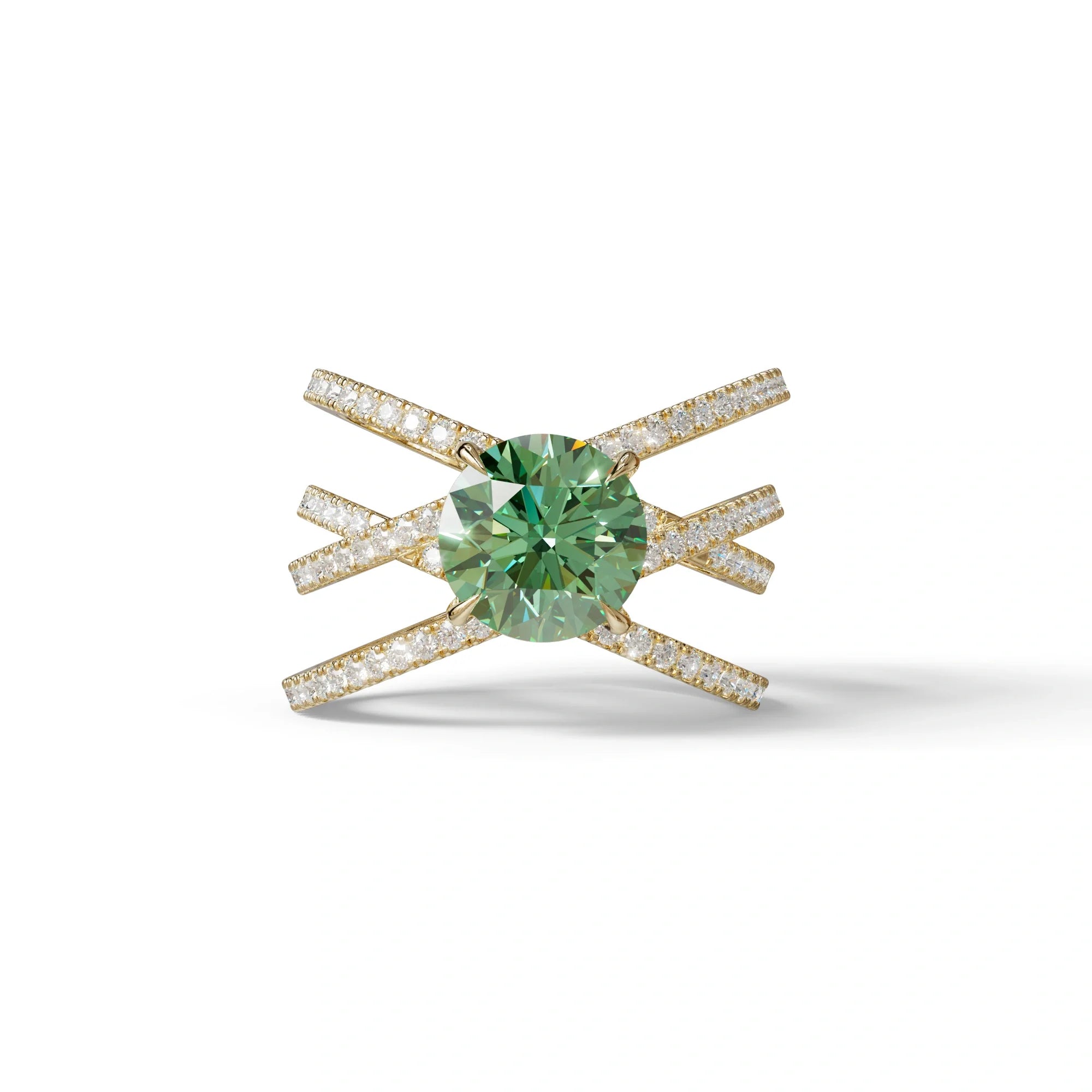 1.5 Carat Green Round Cut Criss Cross Lab Diamond Ring - Elegant - 10K Solid Gold / Yellow Gold